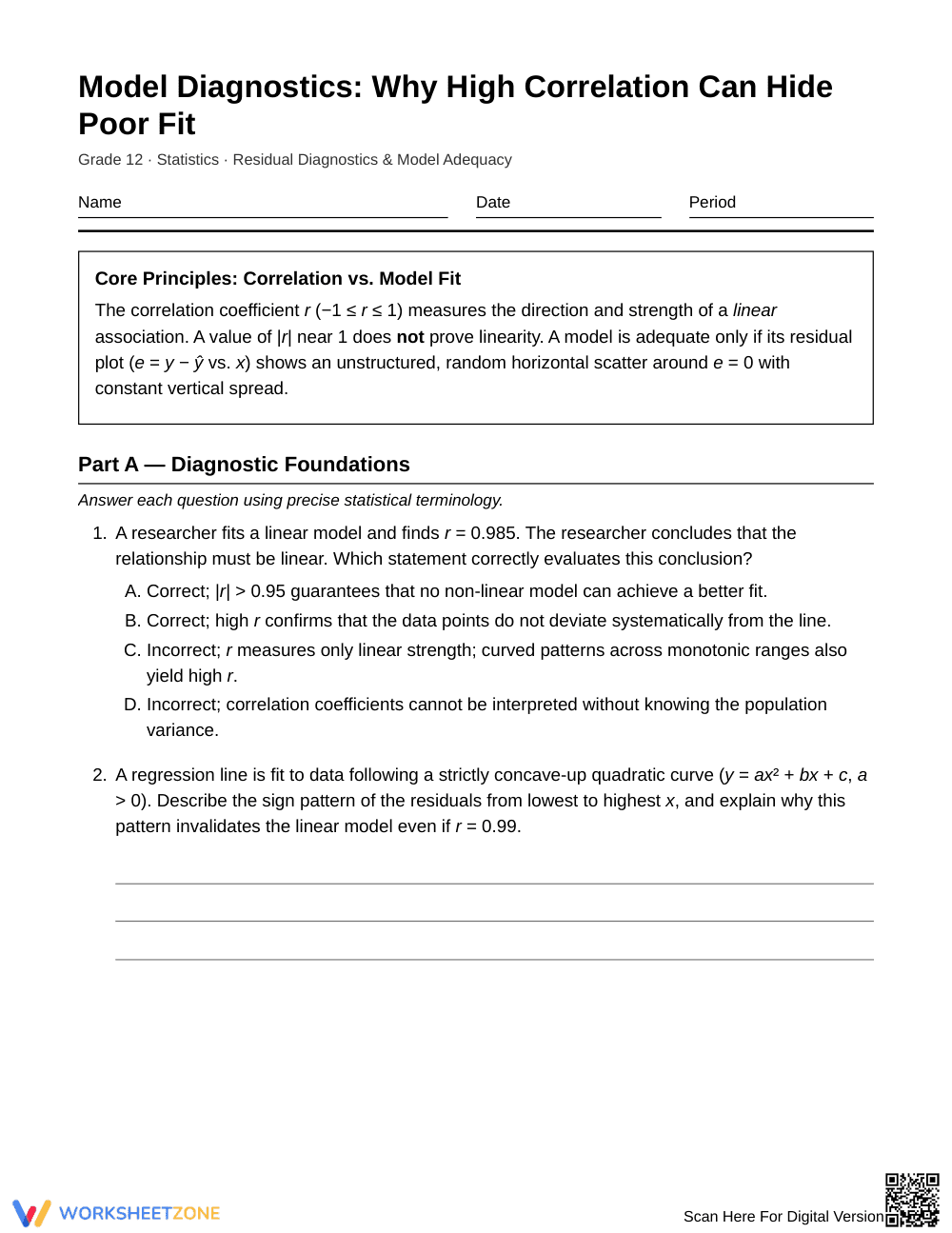 Proven Correlation & Fit Worksheet | Grade 12 Statistics - Page 1