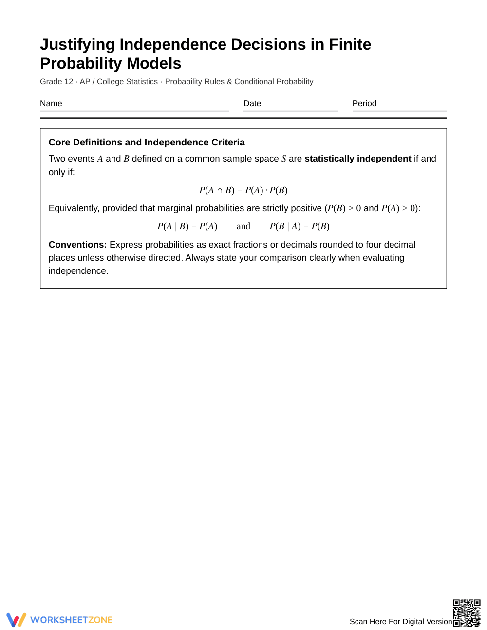 Ready Independence Decision Worksheet | Grade 12 Statistics - Page 1