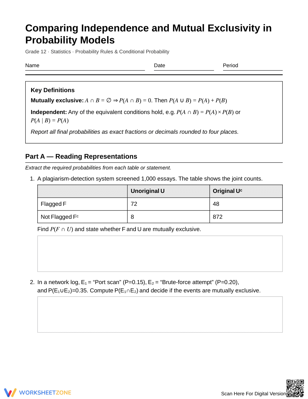 Free Disjoint & Independent Worksheet | Grade 12 Statistics - Page 1