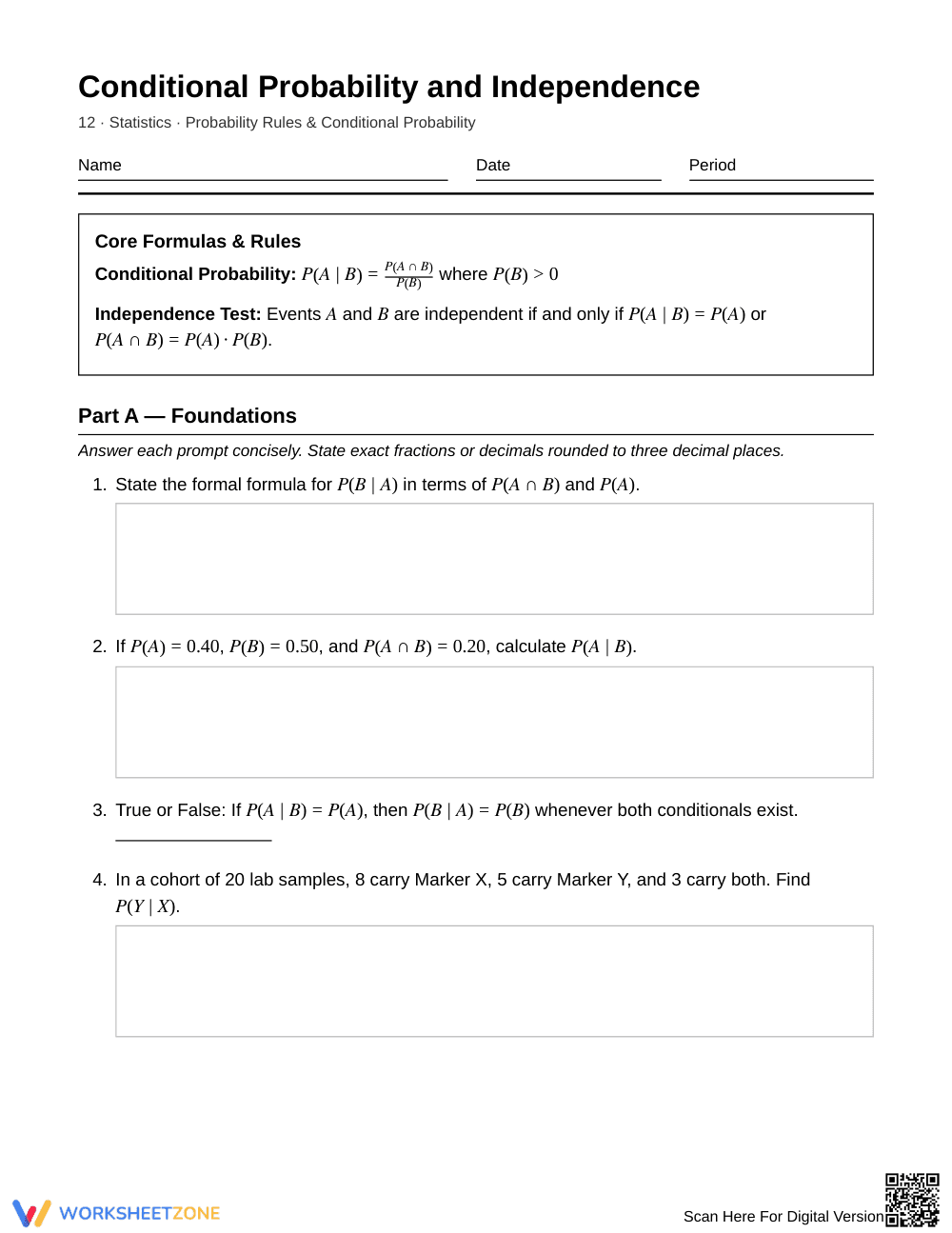Essential Probability Rules Worksheet | Grade 12 Statistics - Page 1