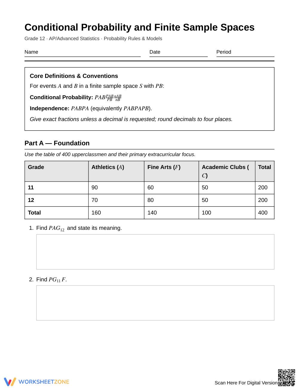 Free Conditional Probability Worksheet | Grade 12 Statistics - Page 1