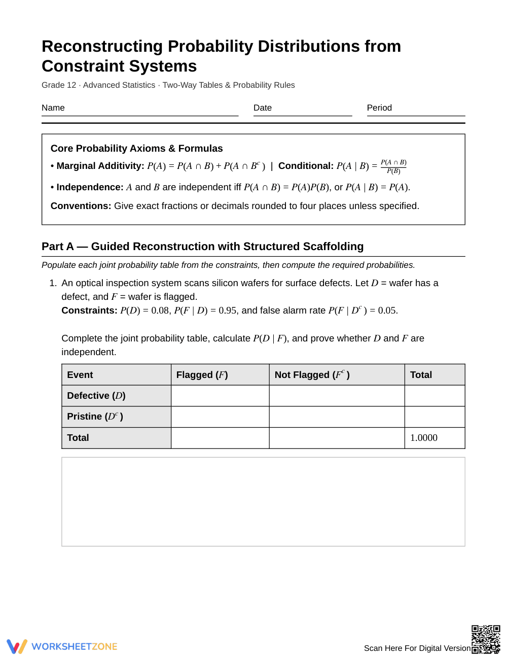 Complete Probability Table Worksheet | Grade 12 Statistics - Page 1