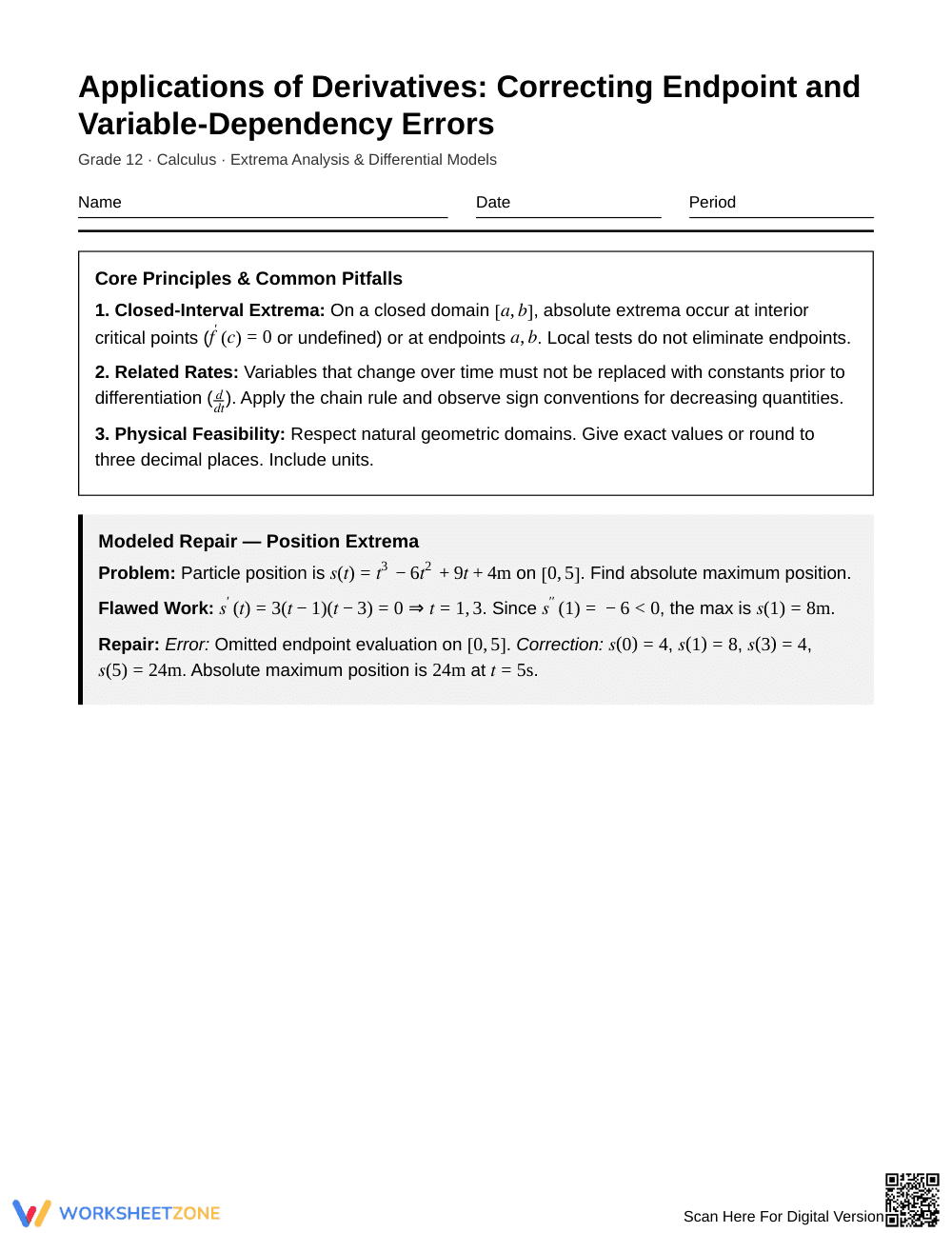 Essential Derivative Errors Worksheet | Grade 12 Calculus - Page 1