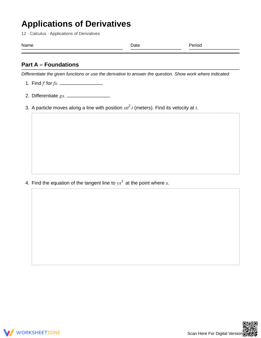 Complete Motion & Tangents Worksheet | Grade 12 Calculus - Page 1