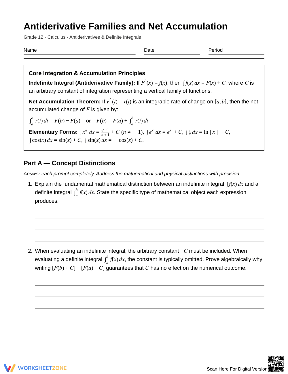 Ready Antiderivative Families Worksheet | Grade 12 Calculus - Page 1