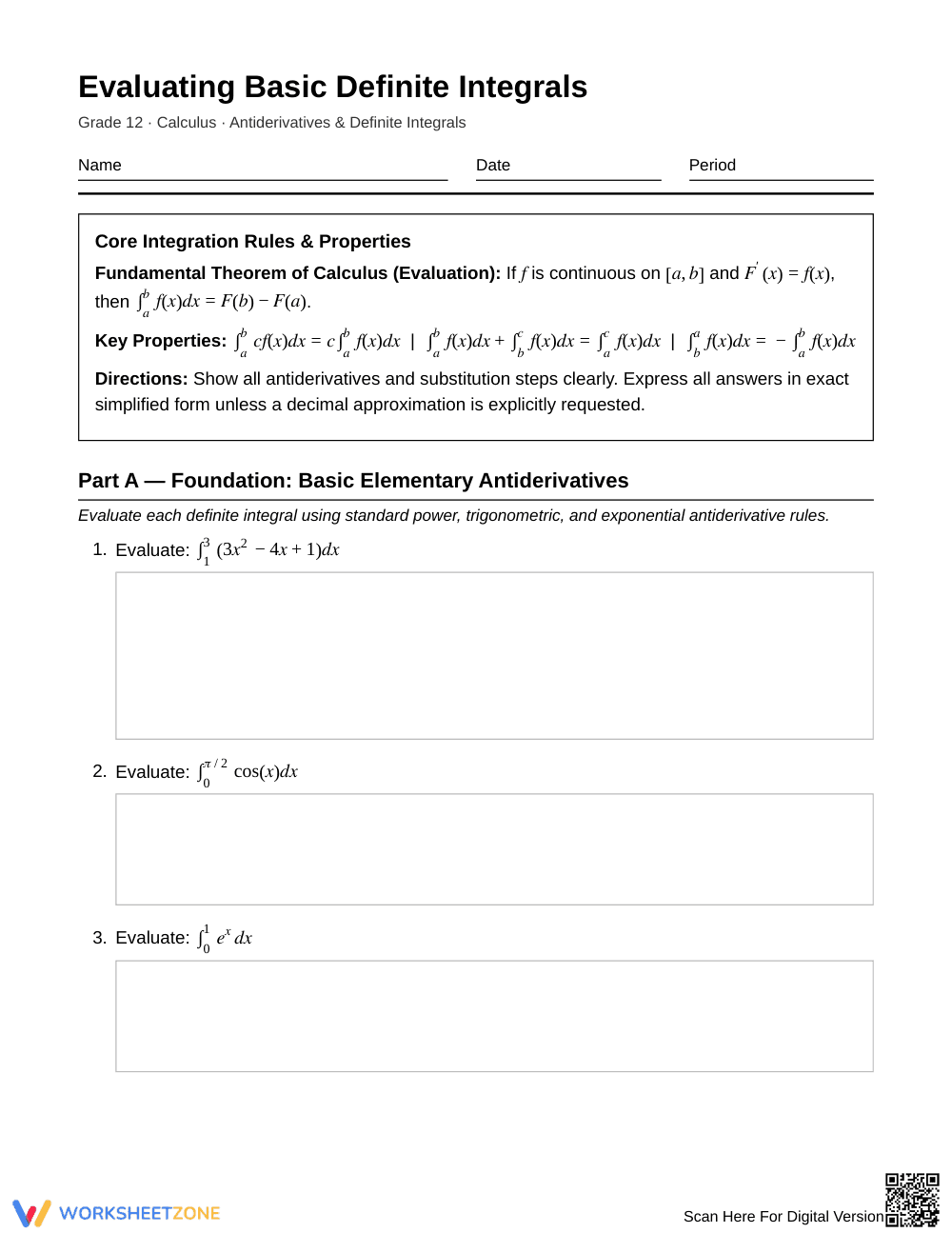 Printable Definite Integral Worksheet | Grade 12 Calculus - Page 1