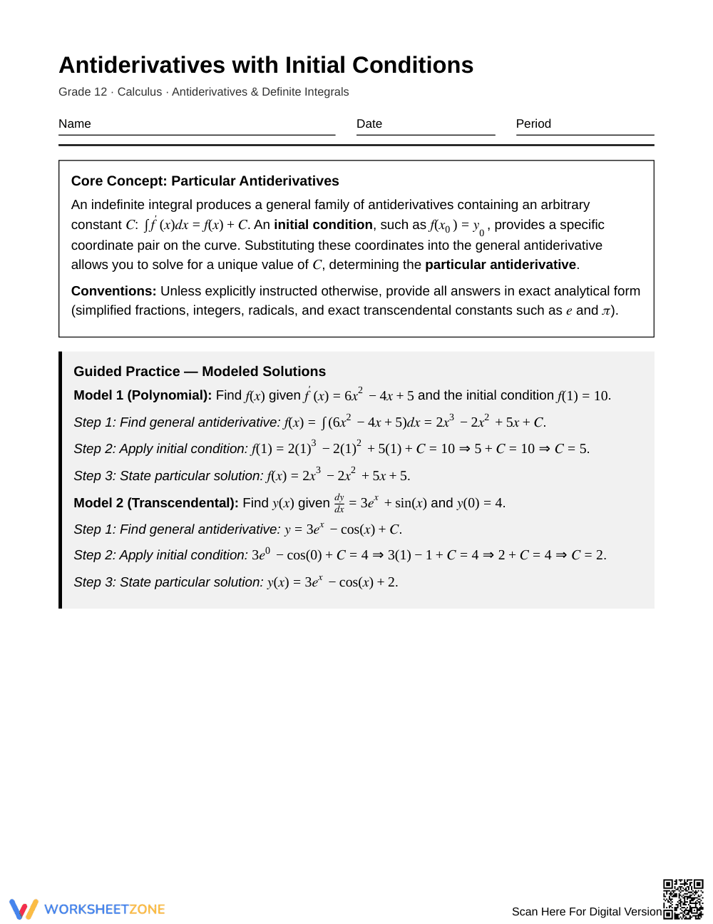 Proven Initial Condition Worksheet | Grade 12 Calculus - Page 1