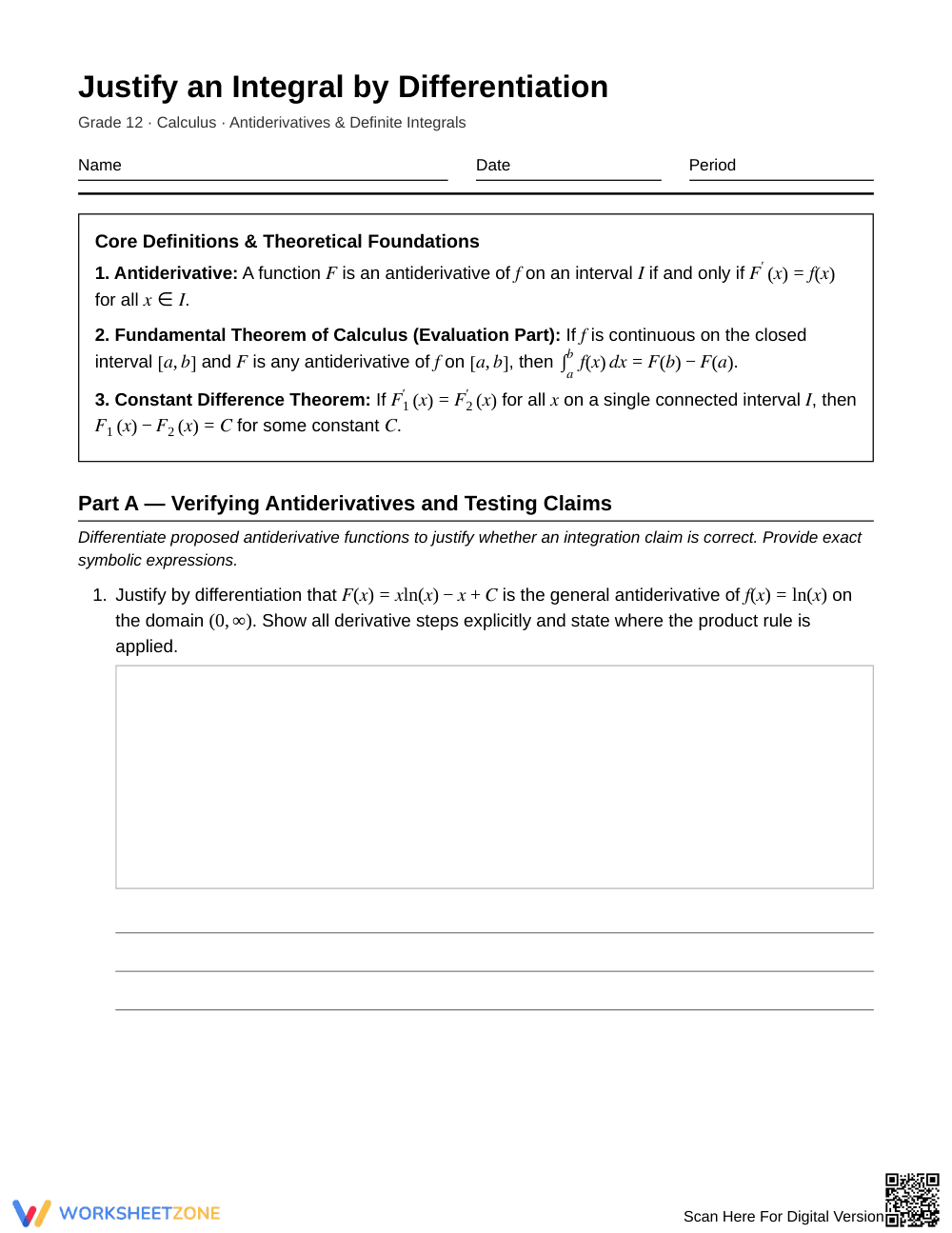 Complete Justify Integrals Worksheet | Grade 12 Calculus - Page 1