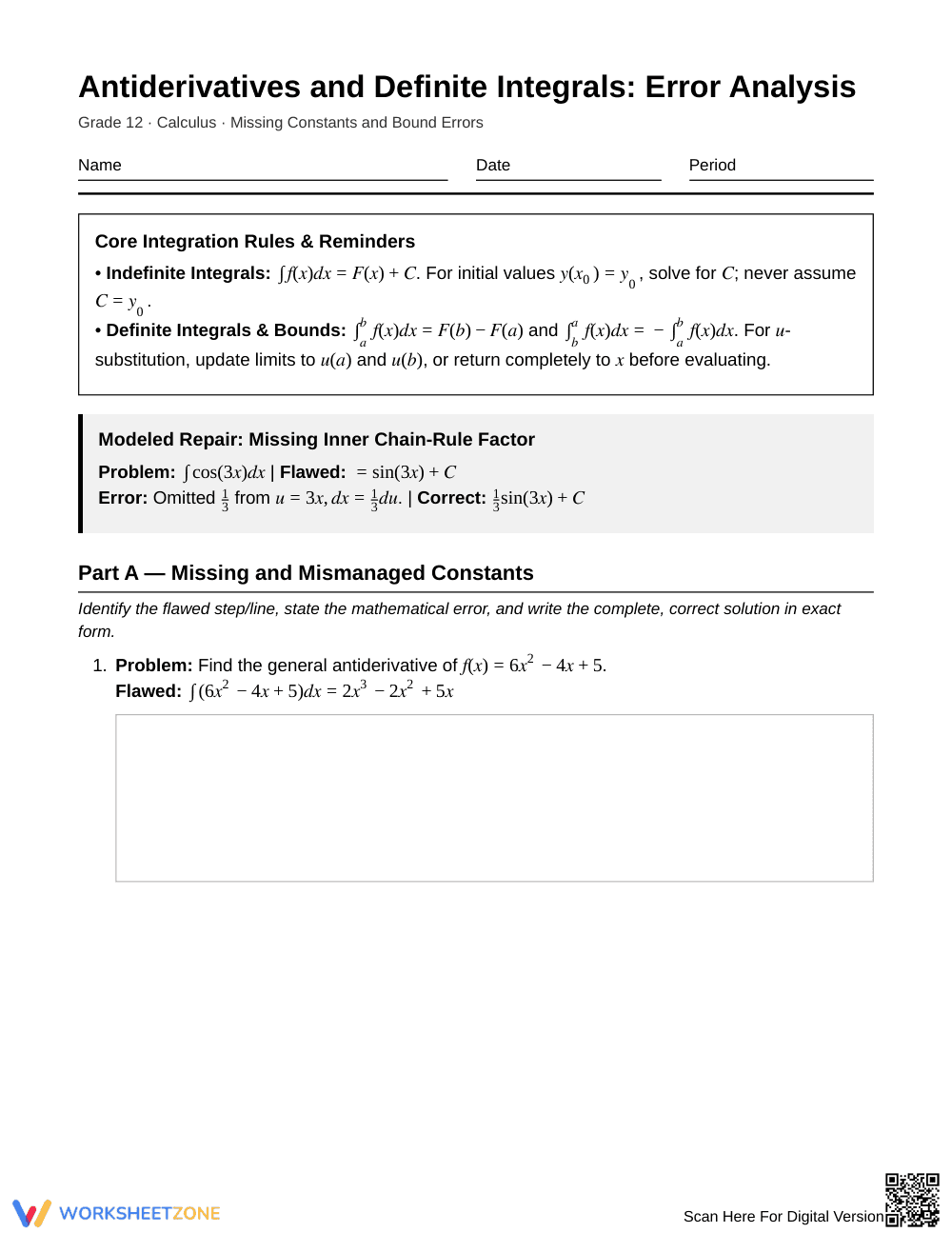 Essential Integration Errors Worksheet | Grade 12 Calculus - Page 1