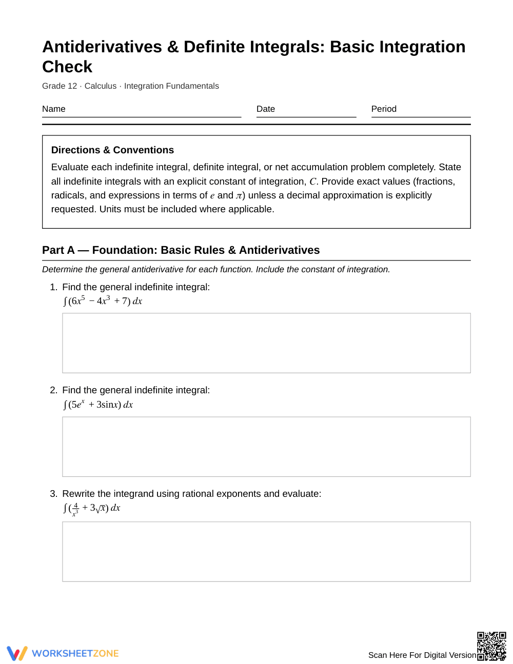 Essential Basic Integration Worksheet | Grade 12 Calculus - Page 1