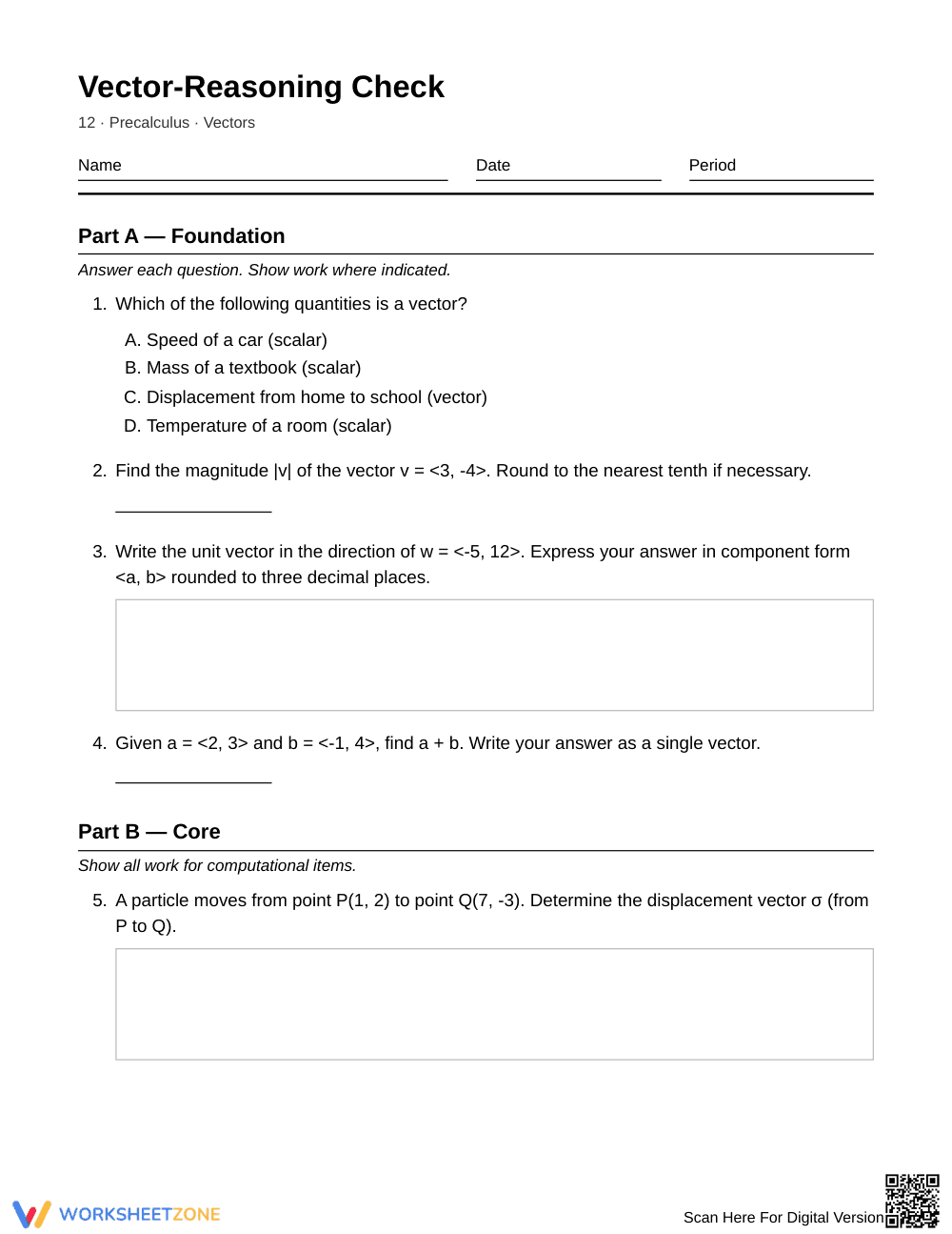 Complete Vector Operations Worksheet | Grade 12 Precalculus - Page 1