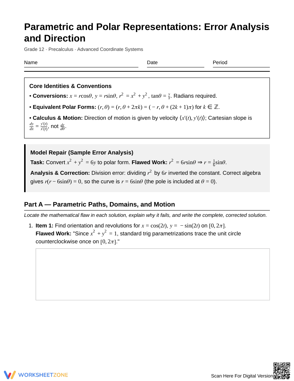 Essential Error Analysis Worksheet | Grade 12 Precalculus - Page 1