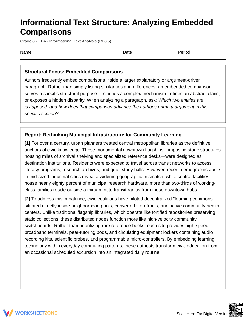 Essential Embedded Comparisons Worksheet | Grade 8 ELA - Page 1
