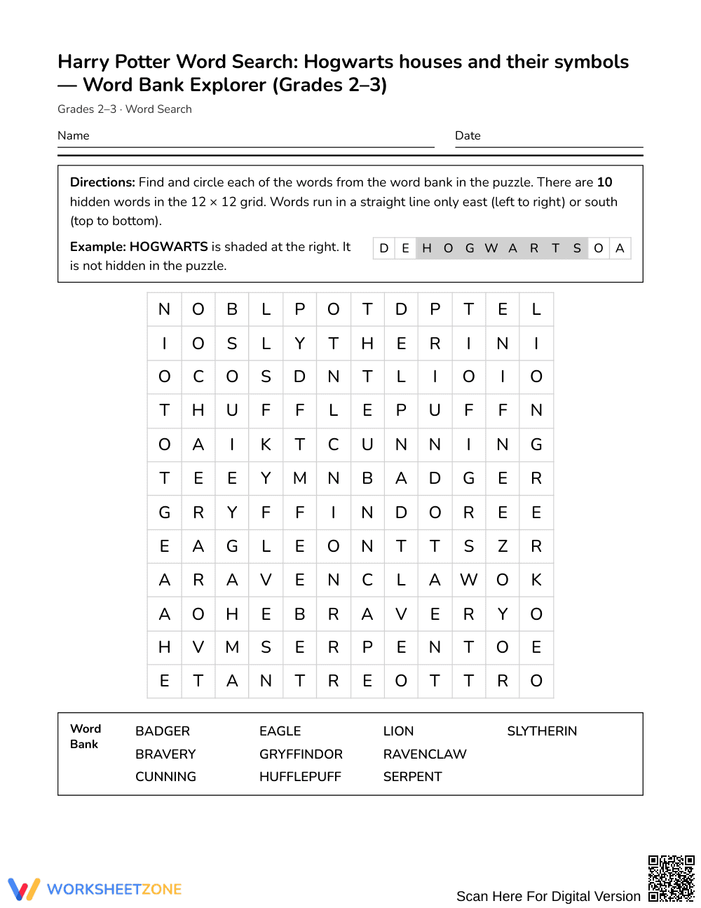 Printable Hogwarts Houses Word Search | Grades 2–3 ELA - Page 1