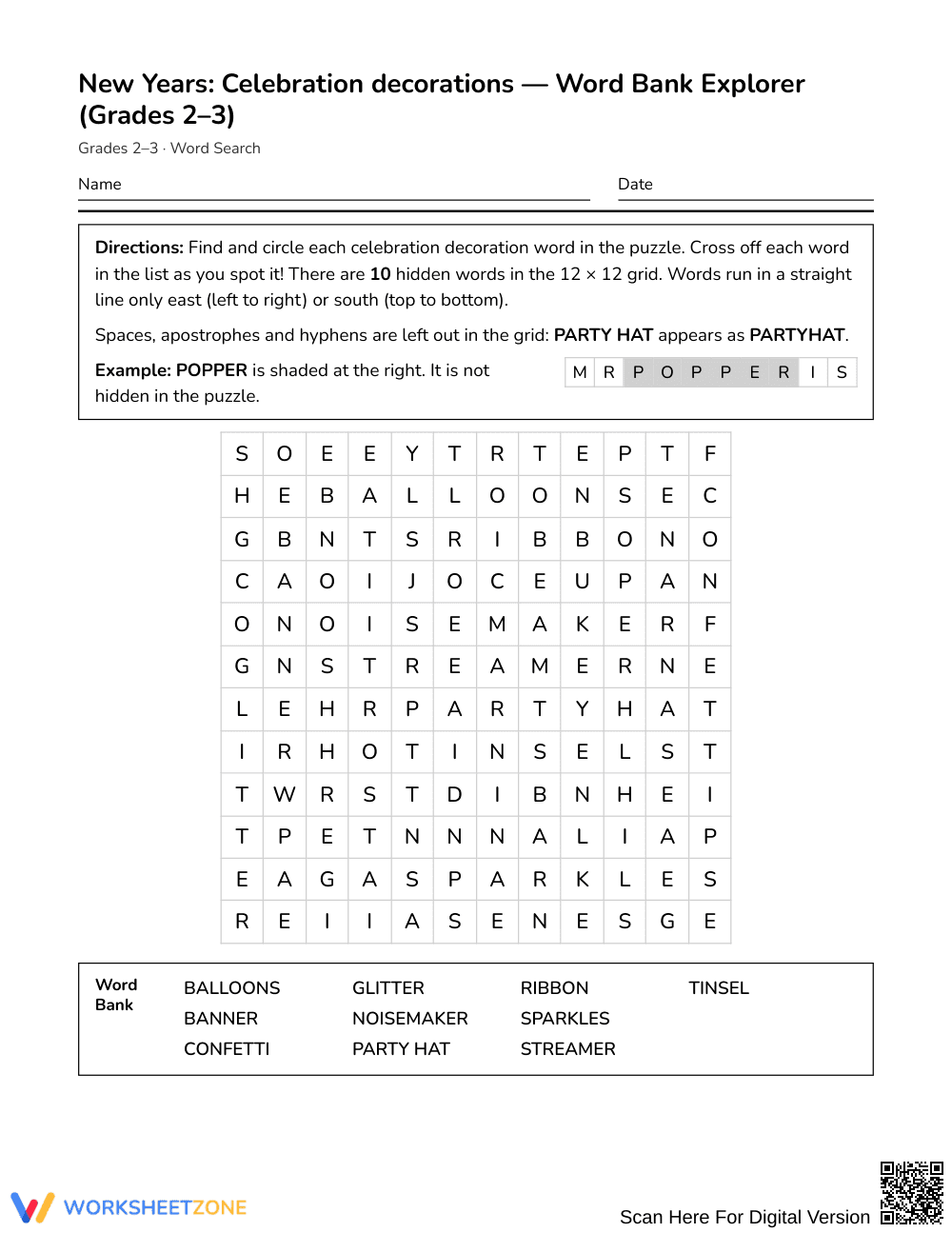 Printable Decorations Word Search | Grades 2–3 ELA - Page 1