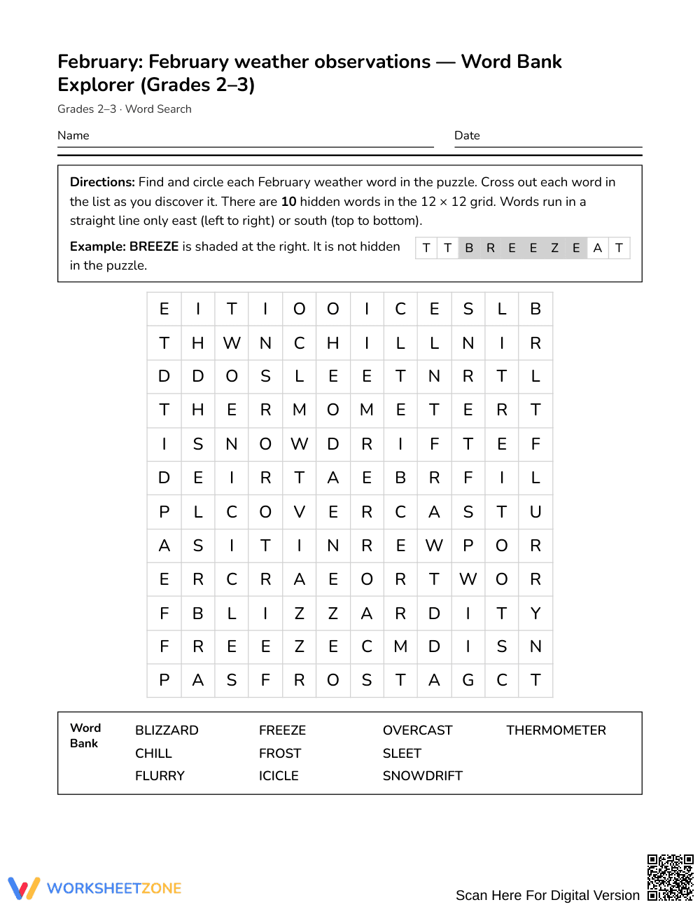 Printable February Weather Word Search | Grades 2–3 Science - Page 1