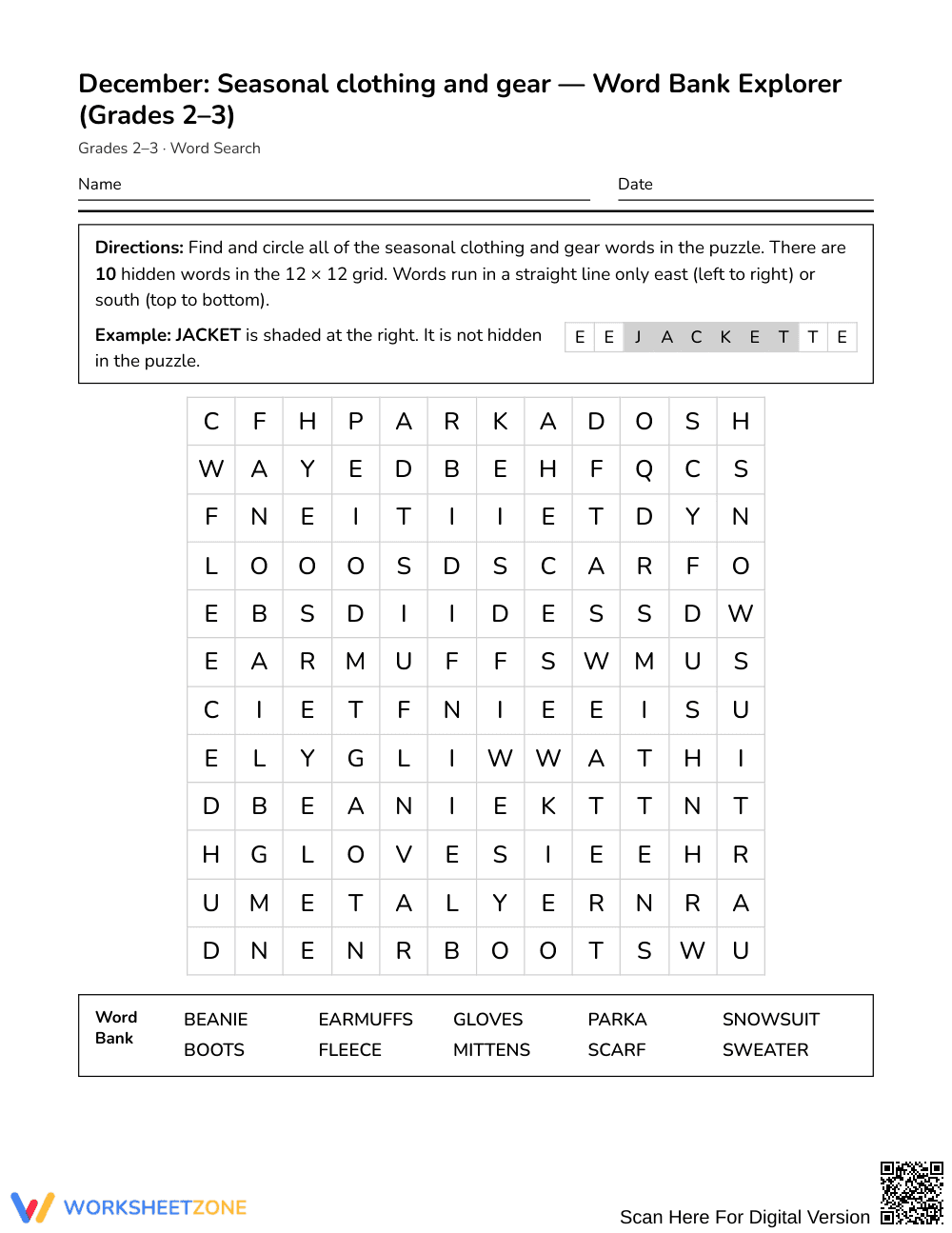 Printable Winter Clothes Word Search | Grades 2–3 ELA - Page 1