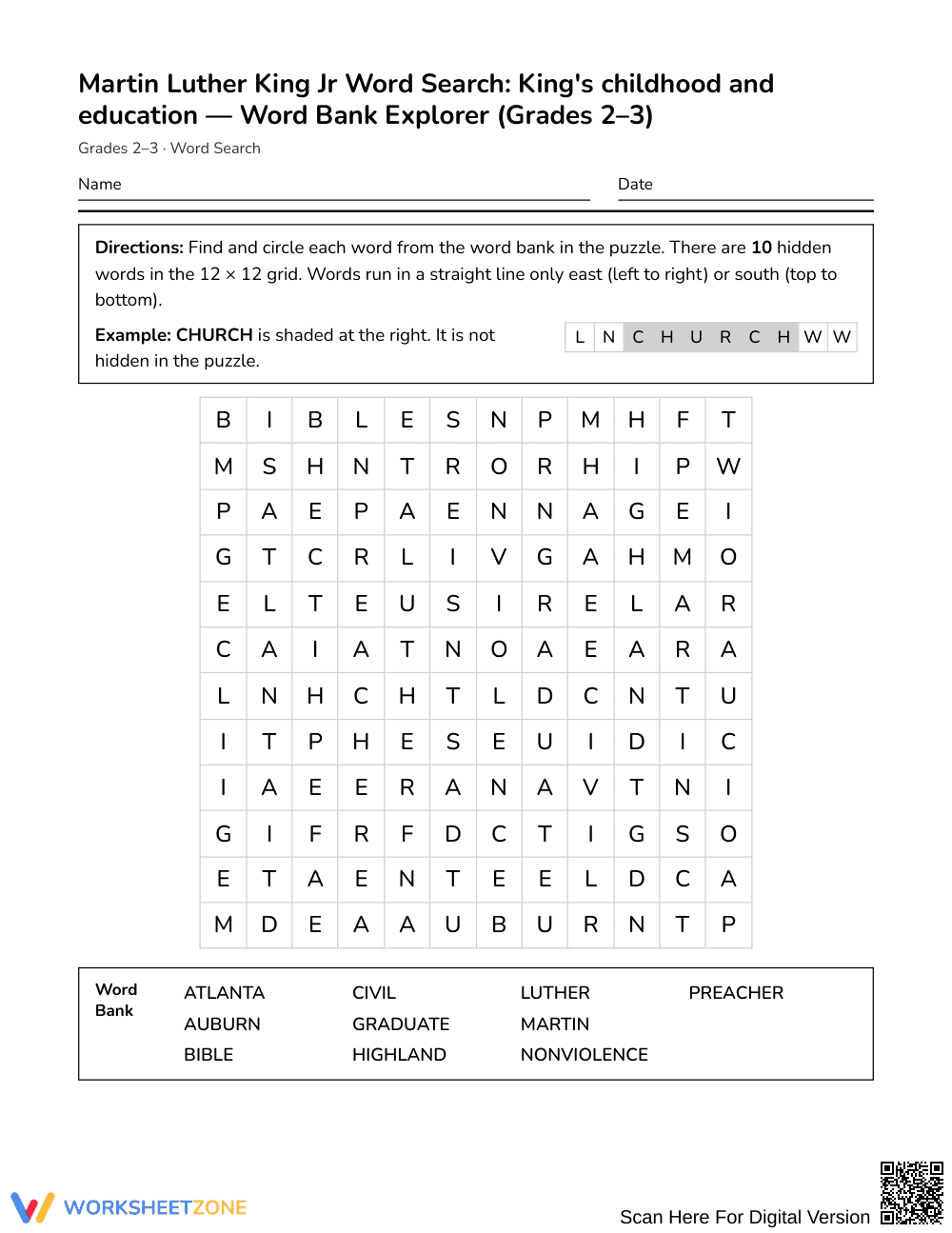 Ready MLK Childhood Word Search | Grades 2–3 Social Studies - Page 1