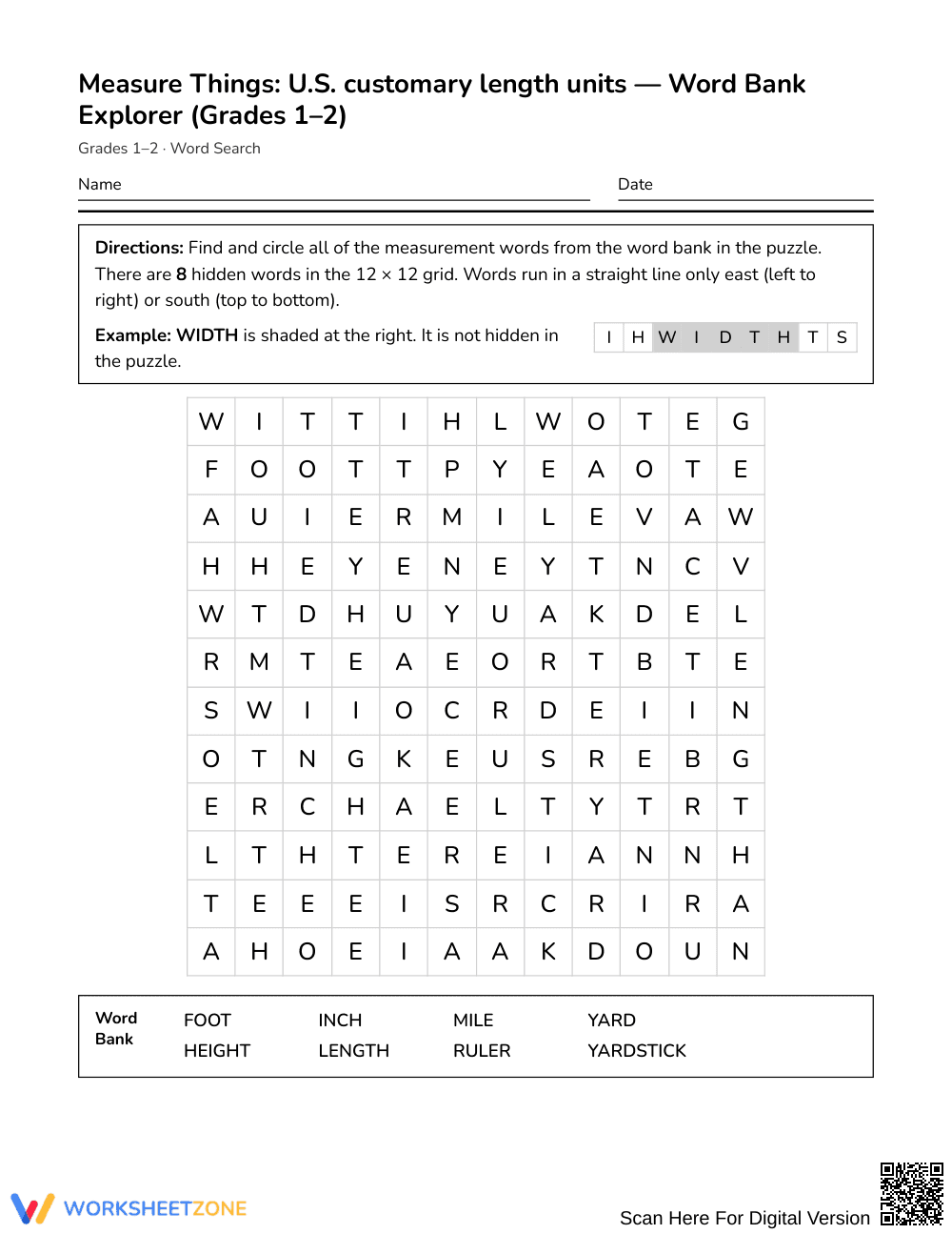Printable Length Units Word Search | Grades 1–2 Math - Page 1