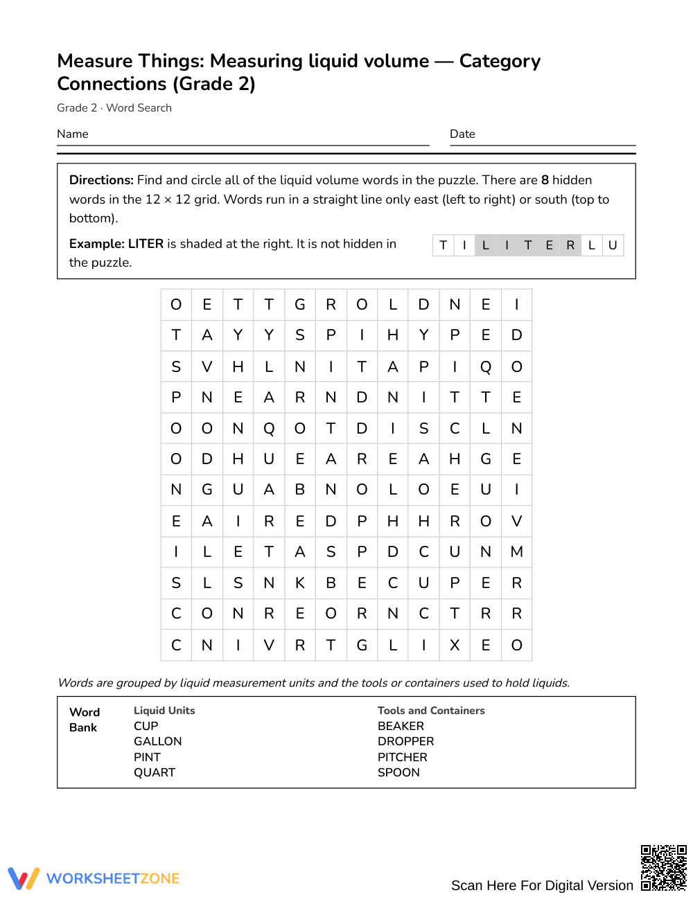 Printable Liquid Volume Word Search | Grade 2 Math - Page 1