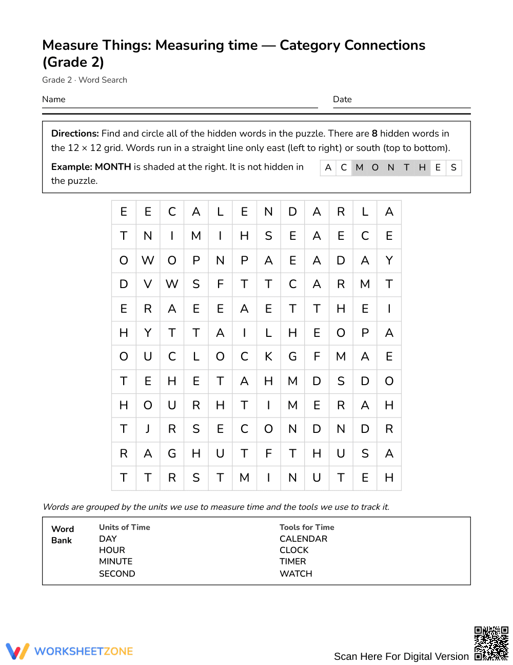 Printable Measuring Time Word Search | Grade 2 Math - Page 1