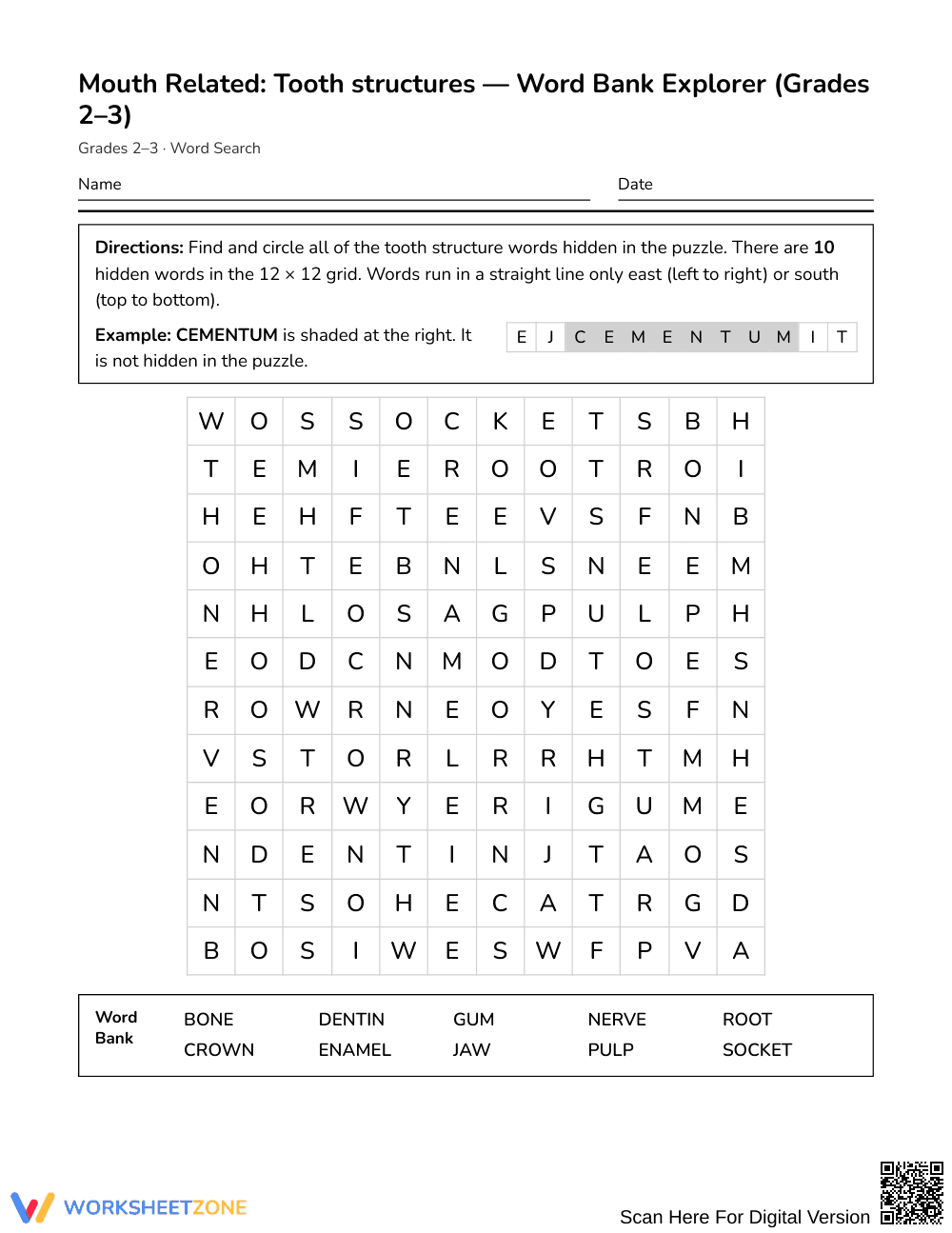 Printable Tooth Structures Word Search | Grades 2–3 Science - Page 1