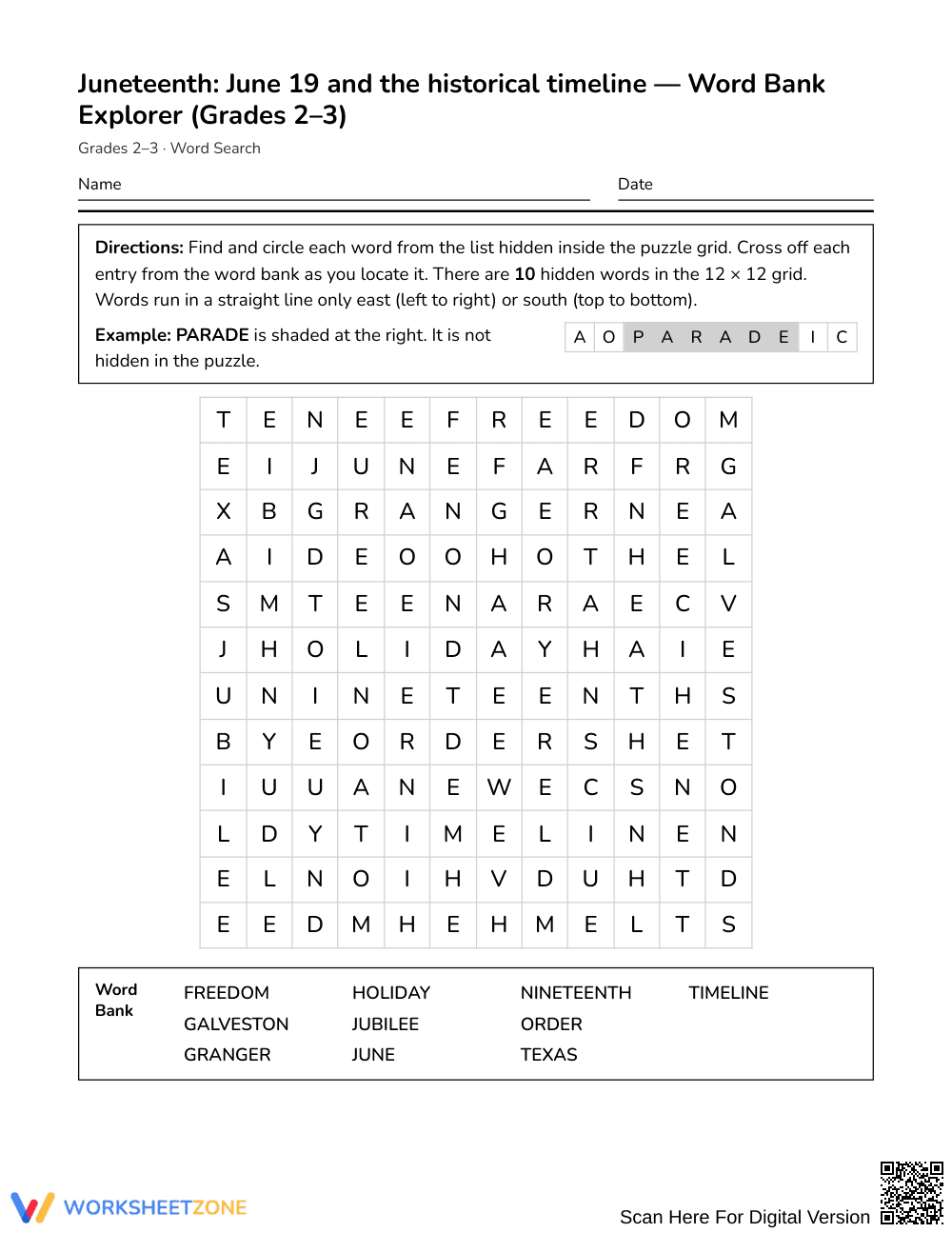Printable Juneteenth Word Search | Grades 2–3 Social Studies - Page 1