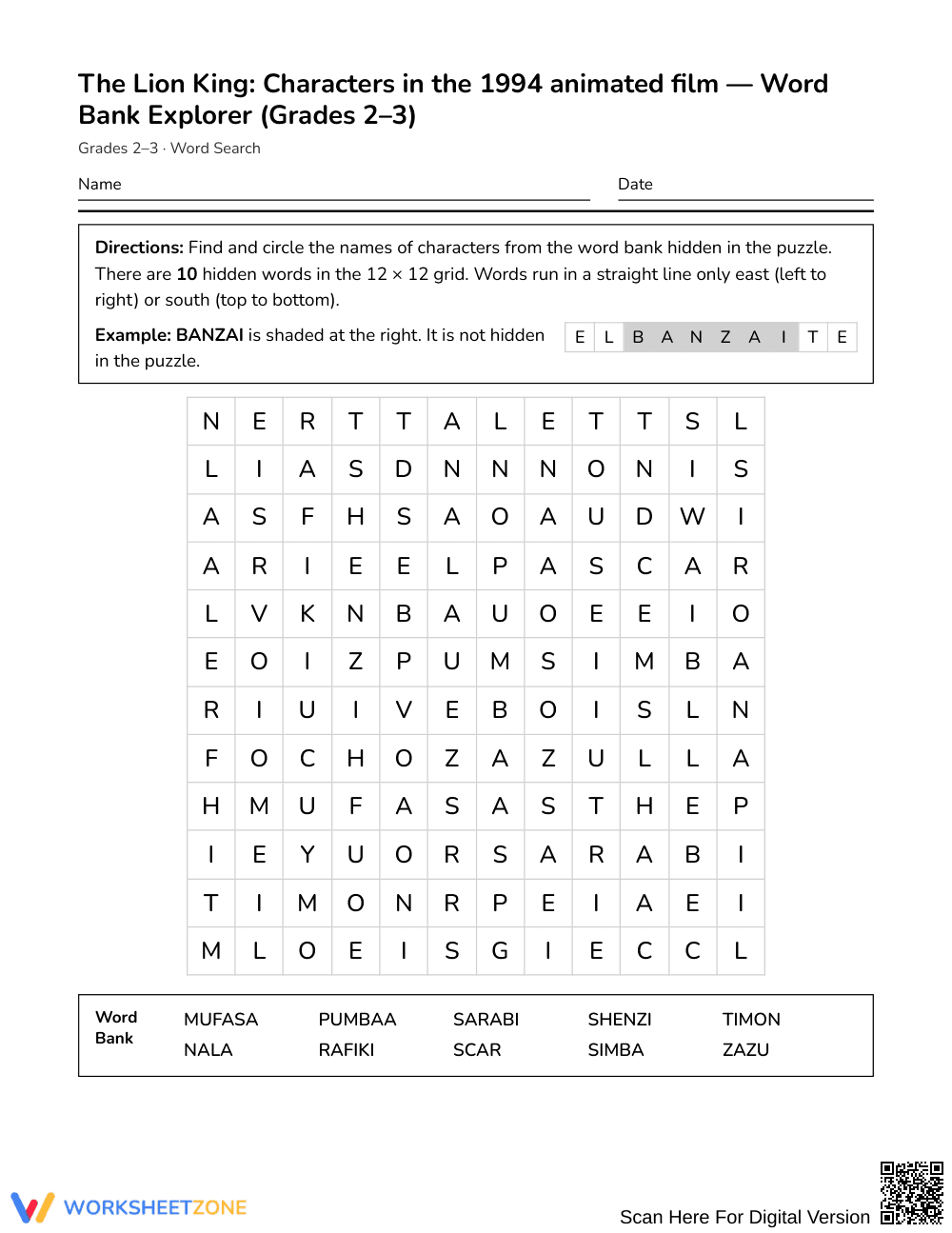 Printable Lion King Characters Word Search | Grades 2–3 ELA - Page 1