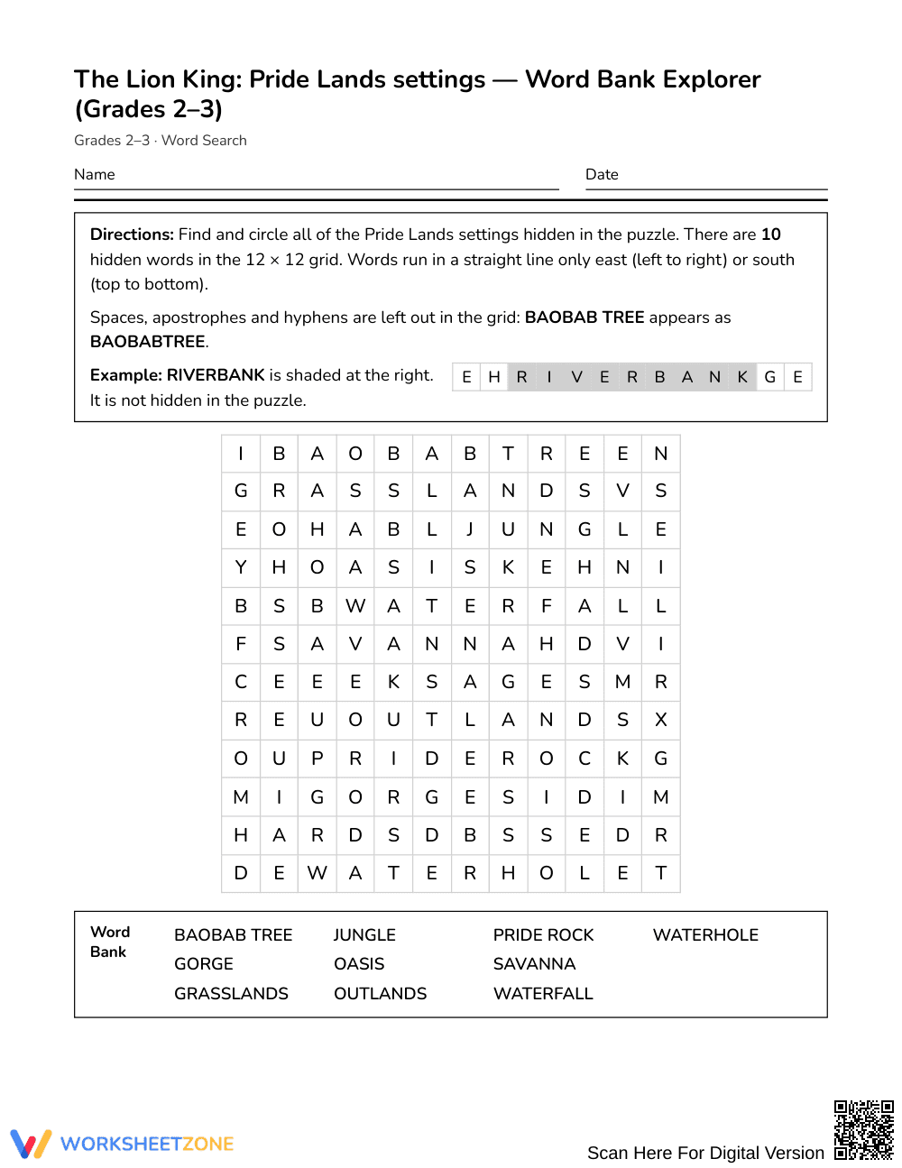 Printable Pride Lands Settings Word Search | Grades 2–3 ELA - Page 1