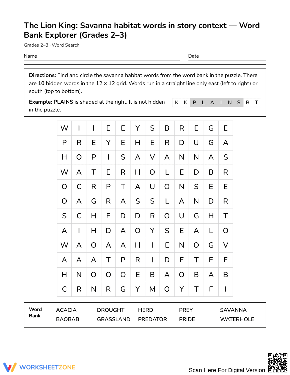 Printable Savanna Habitat Word Search | Grades 2–3 Science - Page 1