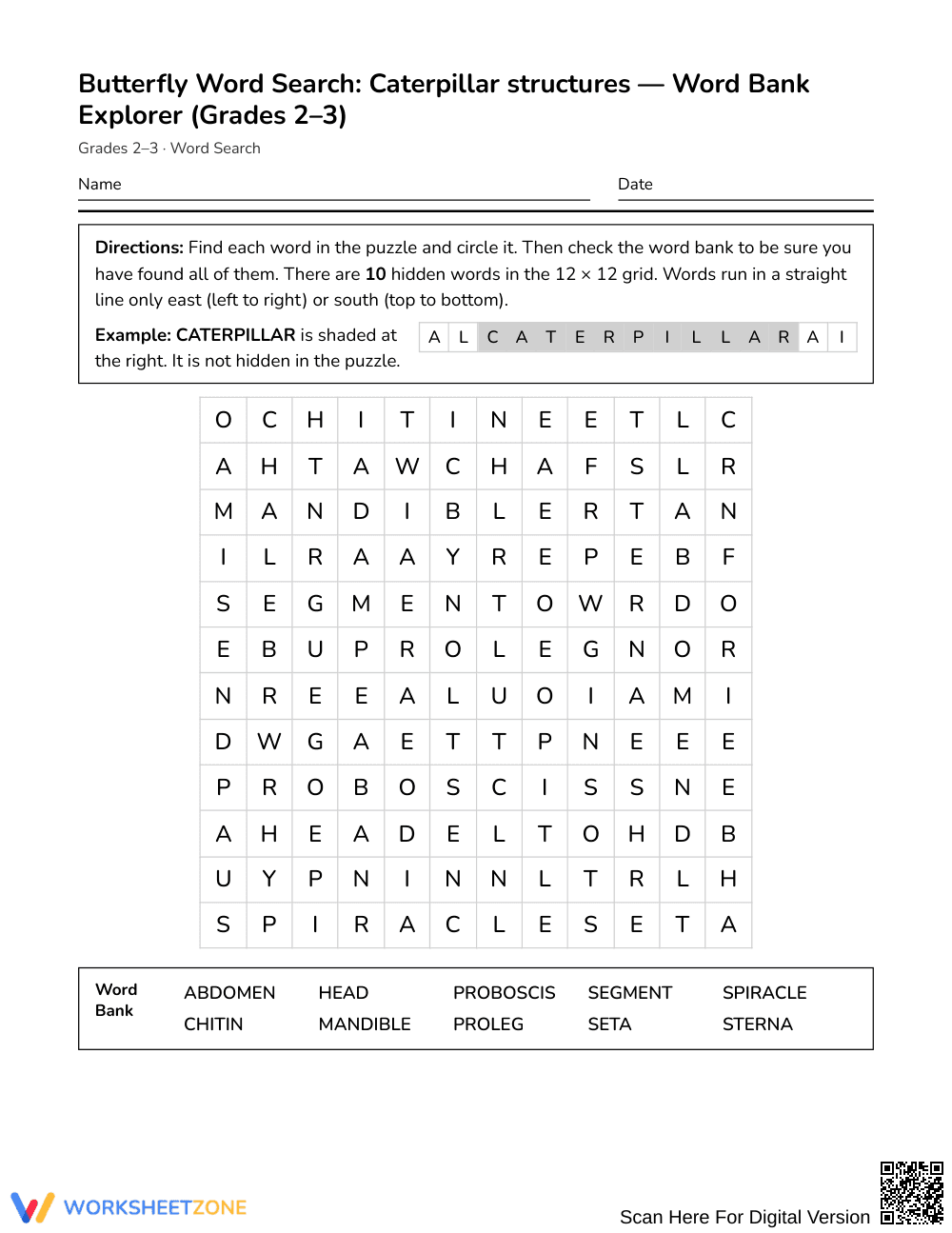 Free Caterpillar Structures Word Search | Grades 2–3 Science - Page 1