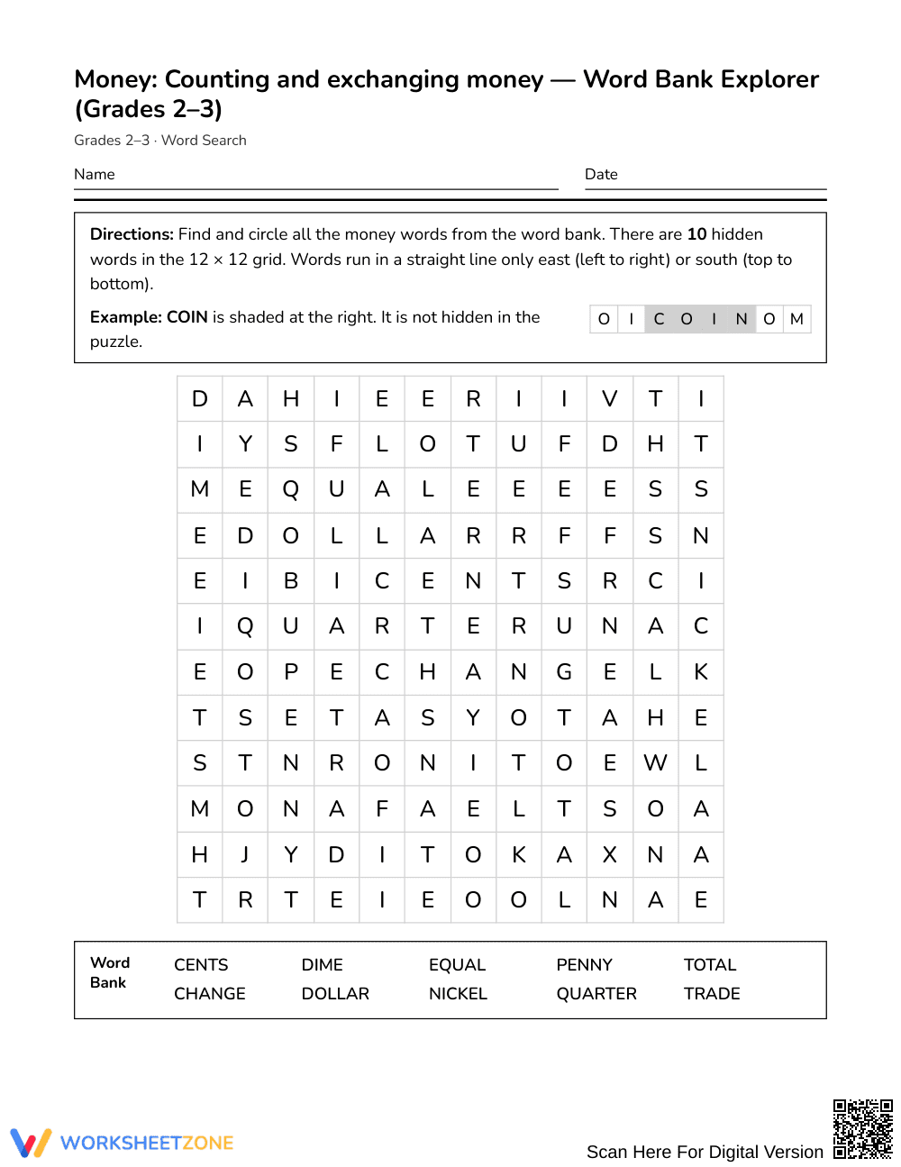 Printable Money Counting Word Search | Grades 2–3 Math - Page 1