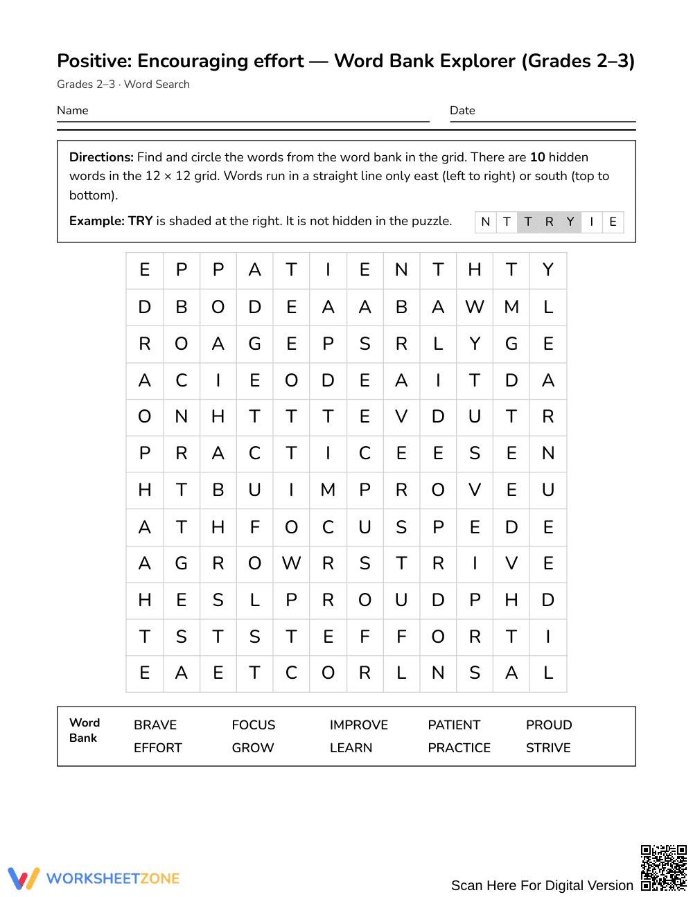 Ready Effort Word Search | Grades 2–3 Behavior Worksheets - Page 1