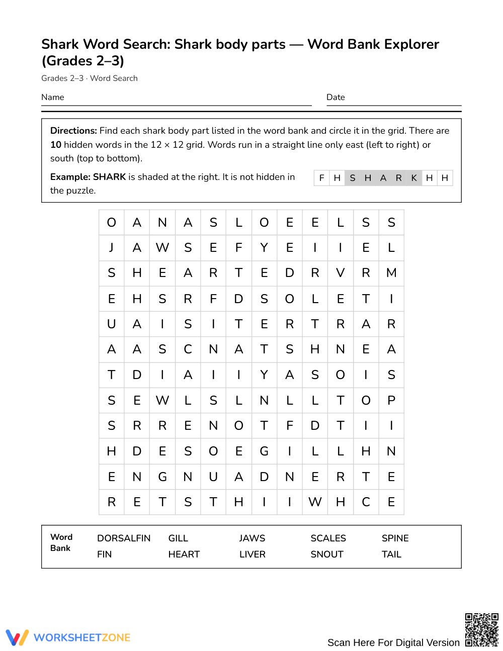 Printable Shark Body Parts Word Search | Grades 2–3 Science - Page 1