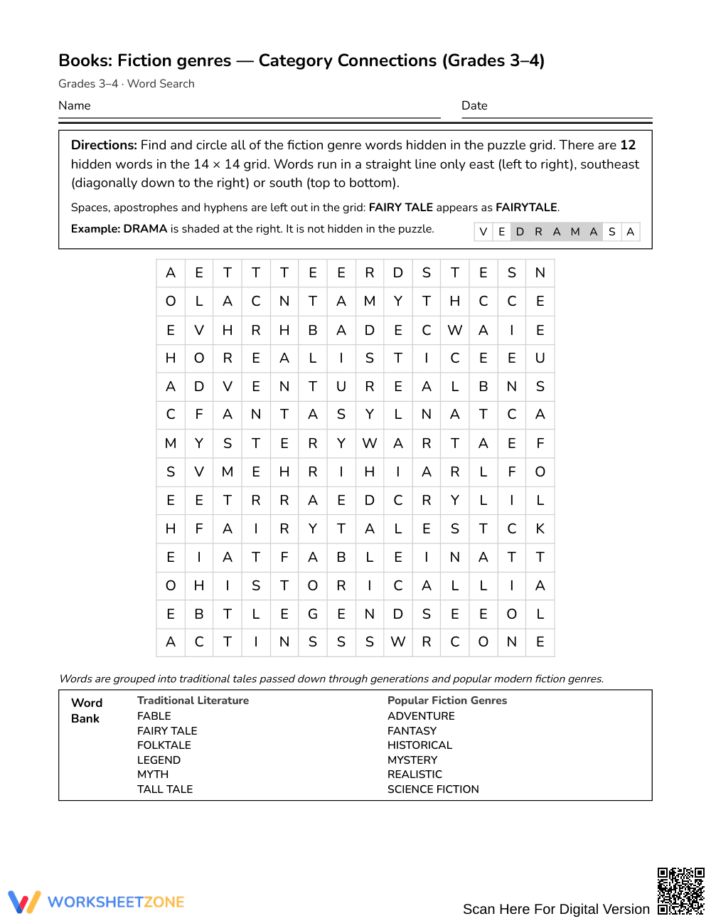 Complete Fiction Genres Word Search | Grades 3–4 ELA - Page 1