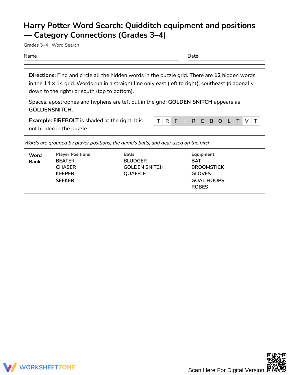 Printable Quidditch Word Search | Grades 3–4 ELA - Page 1