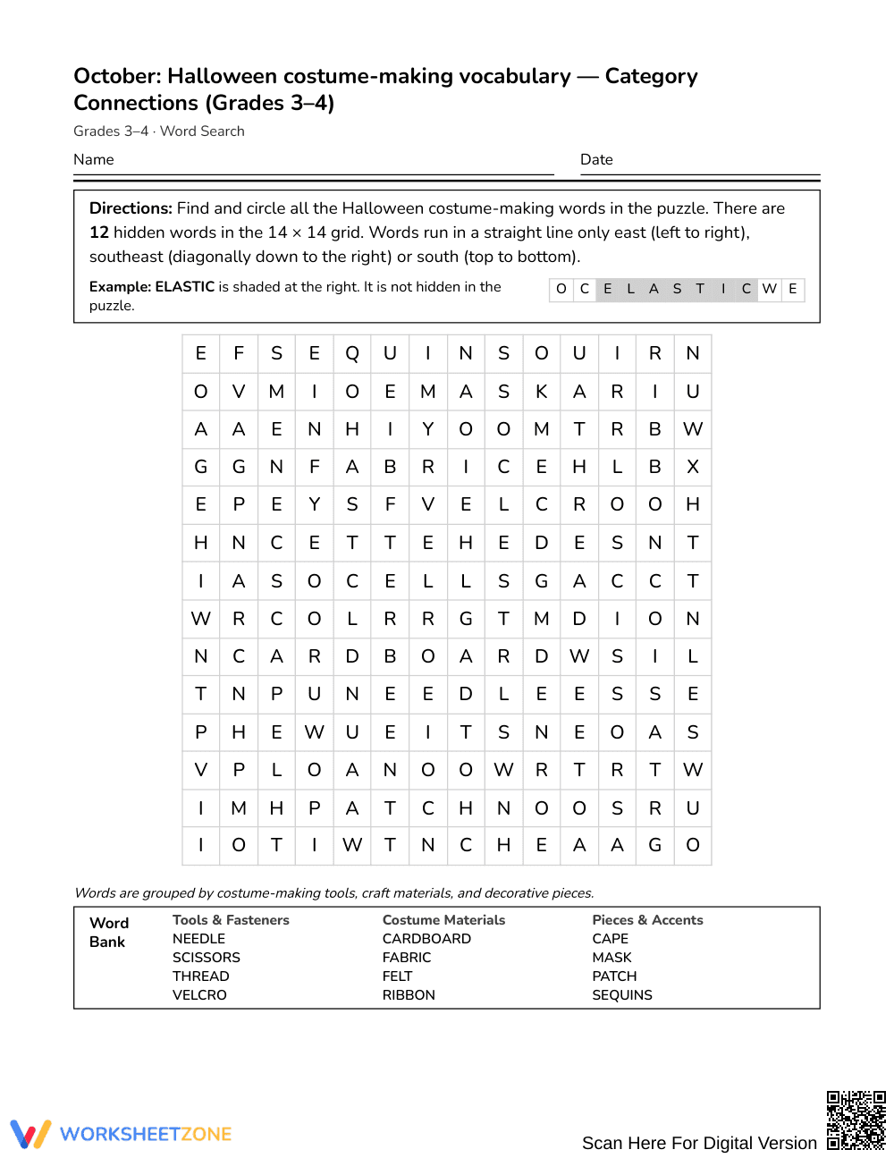 Printable Halloween Costume Word Search | Grades 3–4 ELA - Page 1