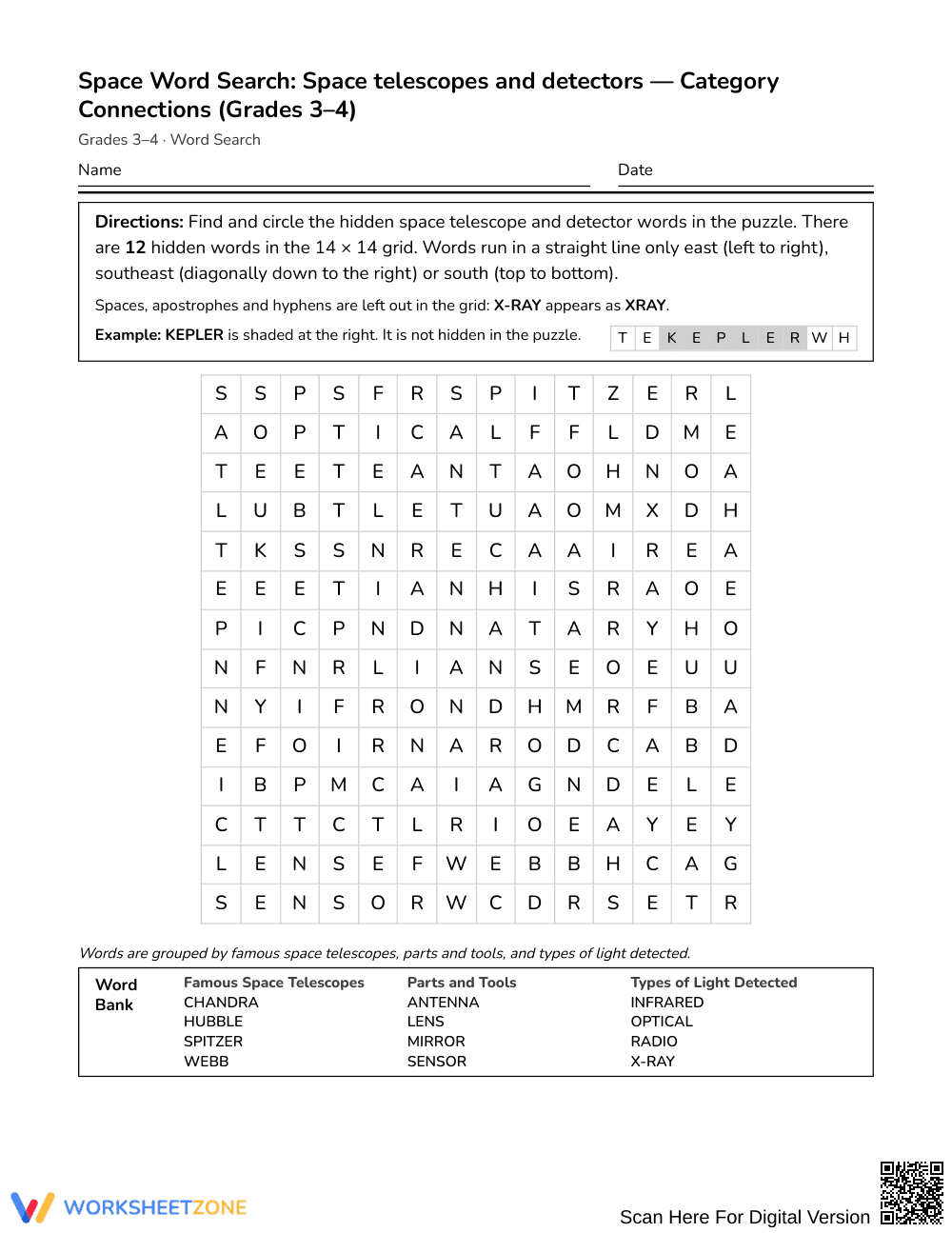 Ready Space Telescopes Word Search | Grades 3–4 Science - Page 1