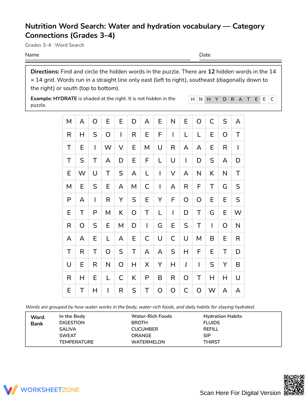 Ready Hydration Vocabulary Word Search | Grades 3–4 Science - Page 1
