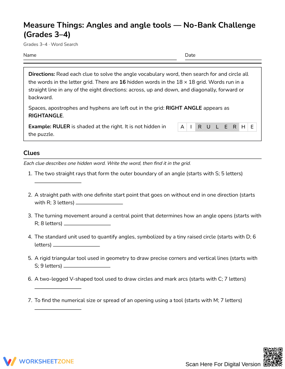 Complete Angles and Tools Word Search | Grades 3–4 Math - Page 1