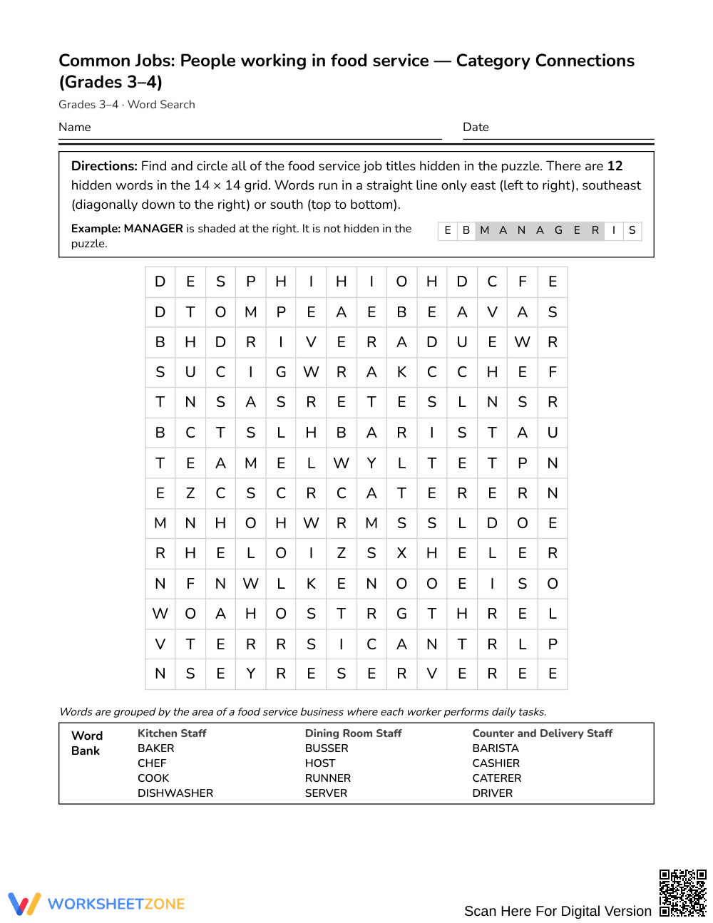 Ready Food Service Word Search | Grades 3–4 Social Studies - Page 1