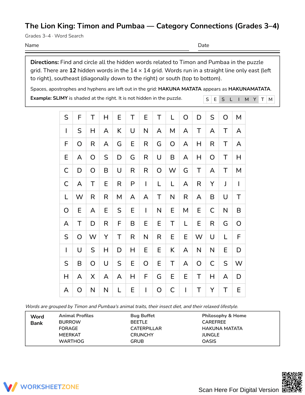 Printable Timon and Pumbaa Word Search | Grades 3–4 ELA - Page 1