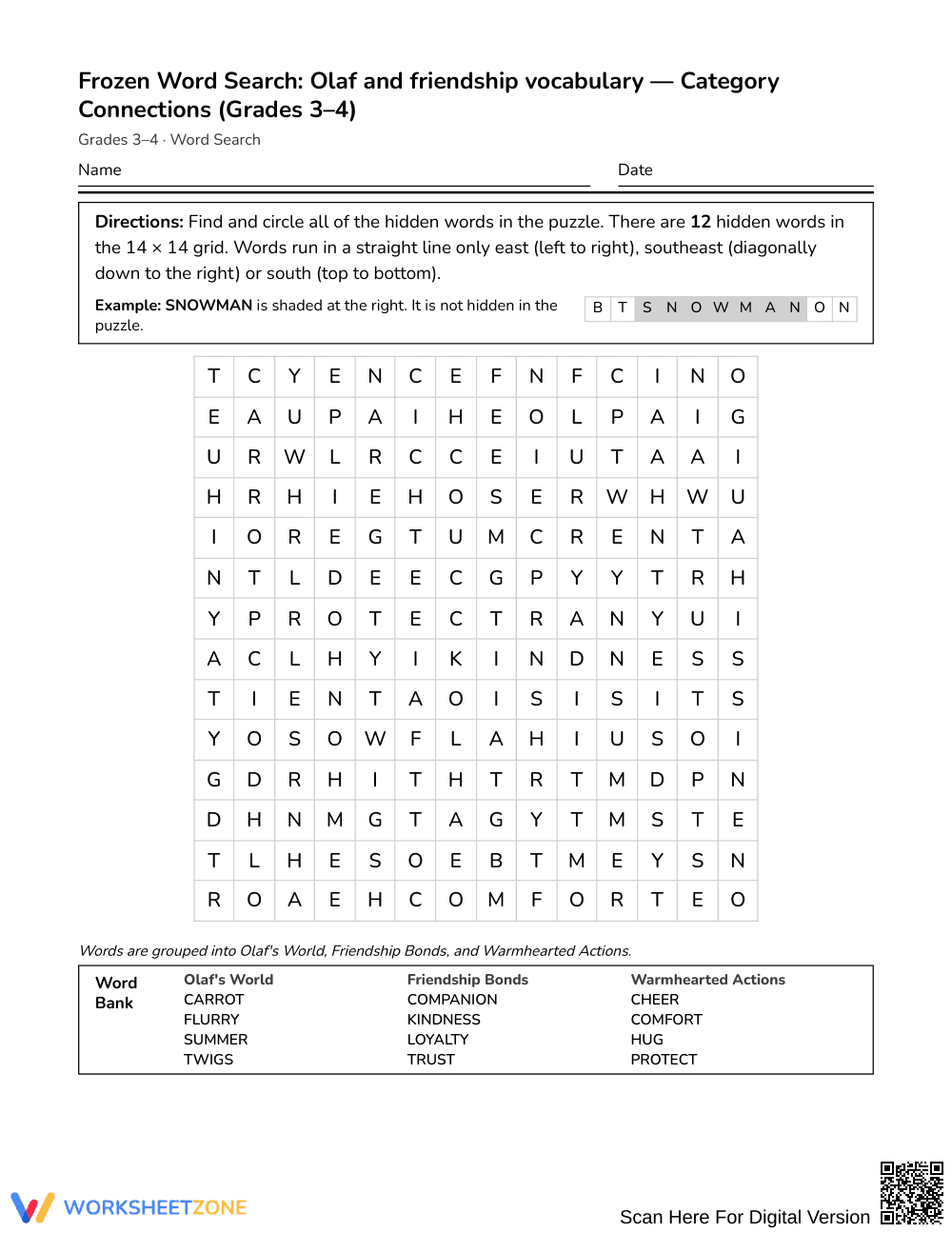 Printable Olaf Friendship Word Search | Grades 3–4 ELA - Page 1