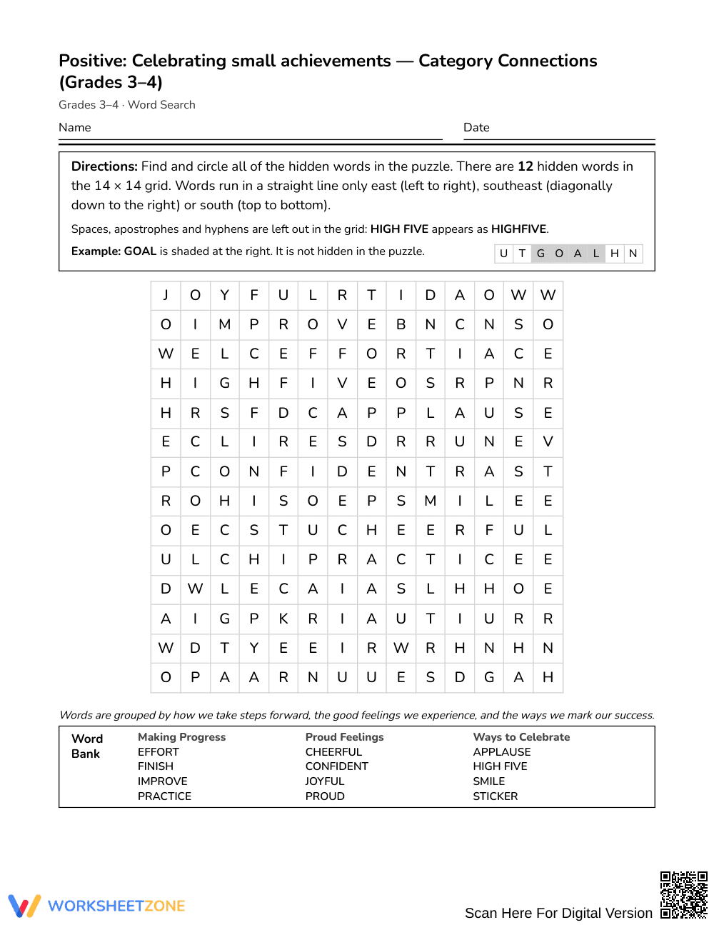 Free Small Wins Word Search | Grades 3–4 Behavior Worksheets - Page 1