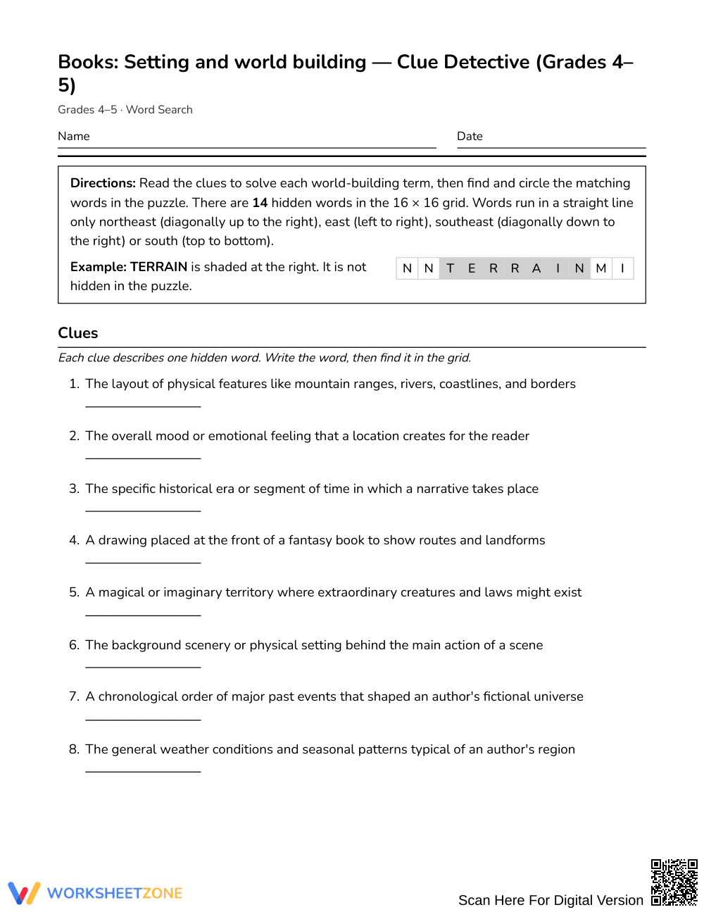Free Setting & World Building Word Search | Grades 4–5 ELA - Page 1