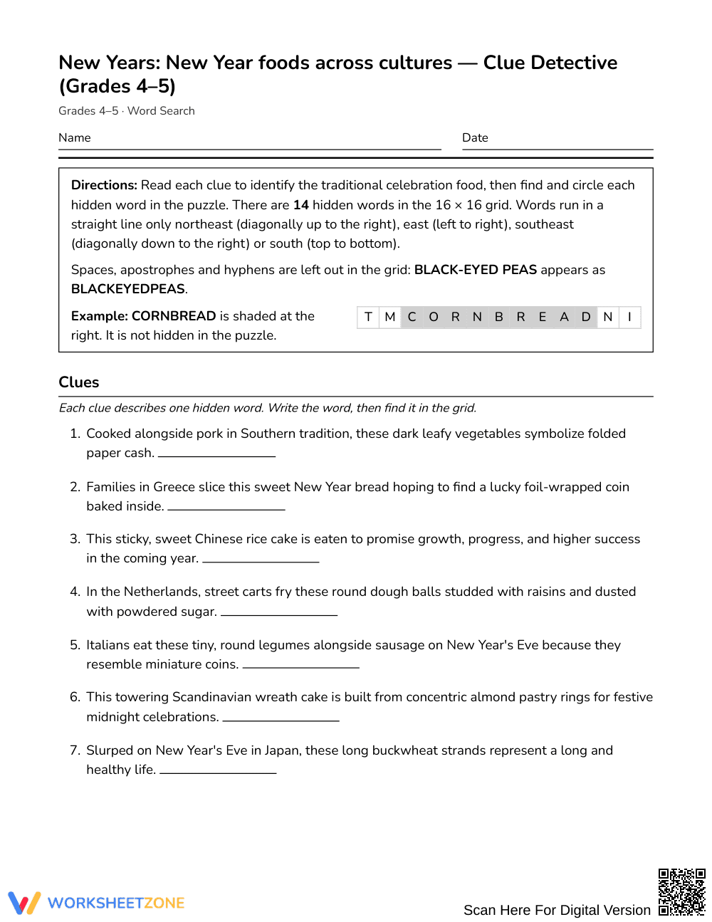 Free New Year Foods Word Search | Grades 4–5 Social Studies - Page 1