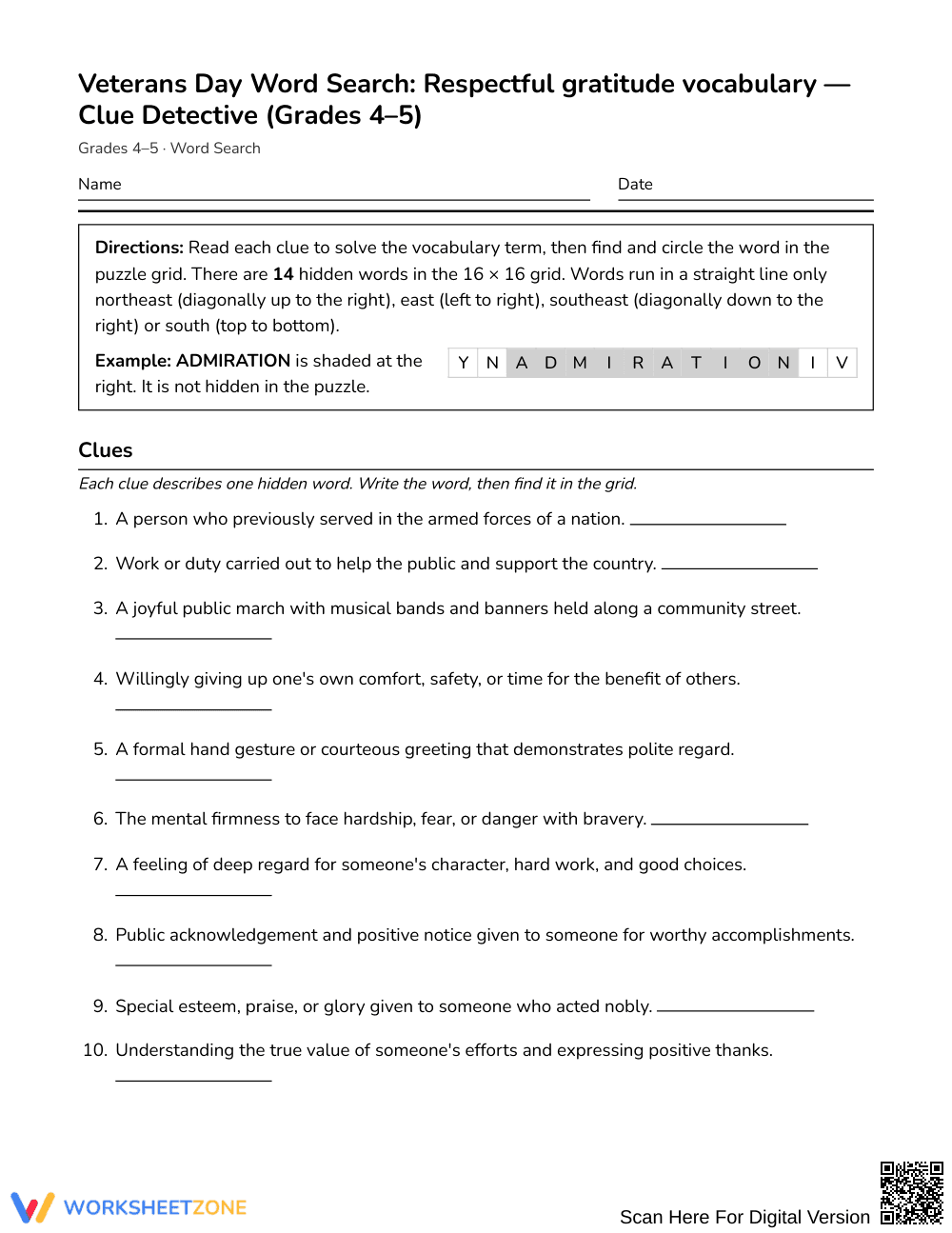 Complete Veterans Day Word Search | Grades 4–5 ELA - Page 1