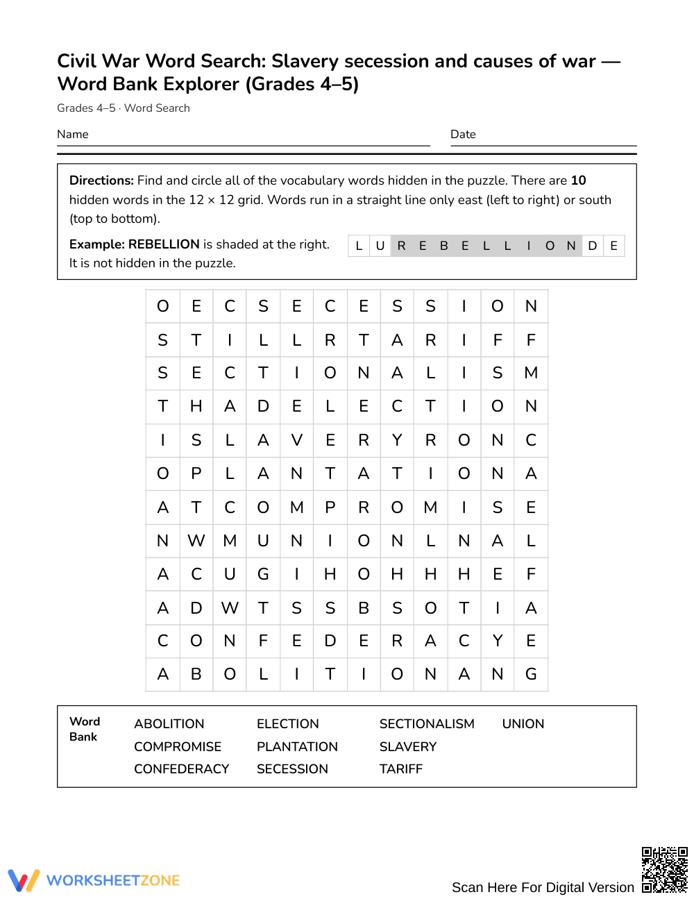 Complete Civil War Word Search | Grades 4–5 Social Studies - Page 1