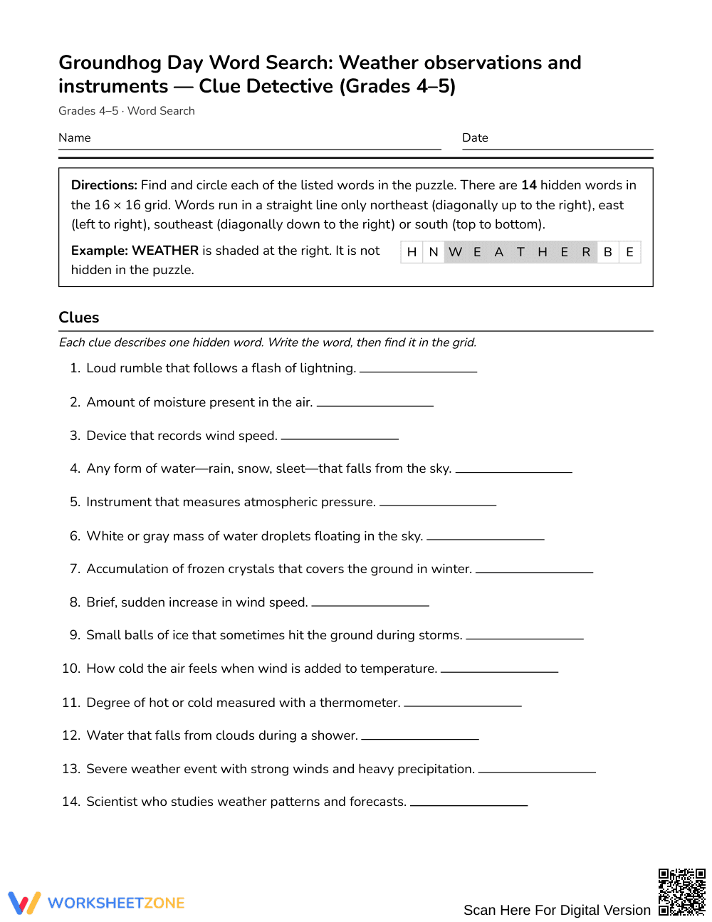 Printable Weather Tools Word Search | Grades 4–5 Science - Page 1