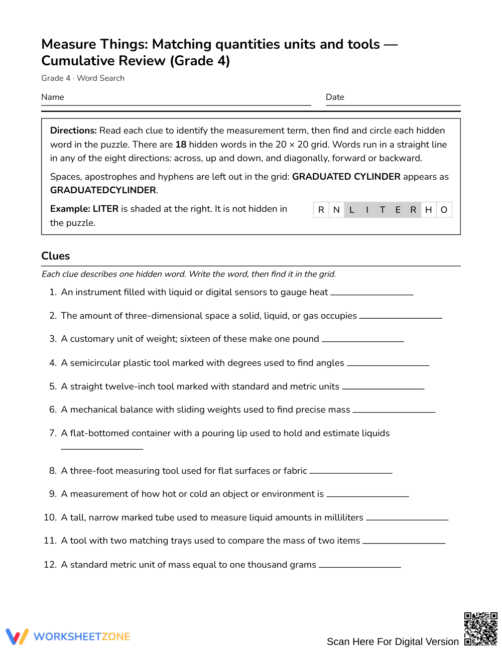 Printable Measurement Tools Word Search | Grade 4 Math - Page 1